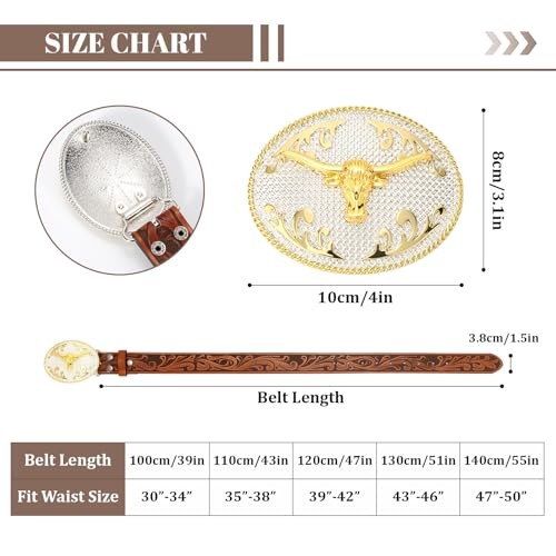 Cowboy Belts for Men Women, 35&Prime;-38&Prime; Wasit Adjustable Brown/Gold Bull Buckle