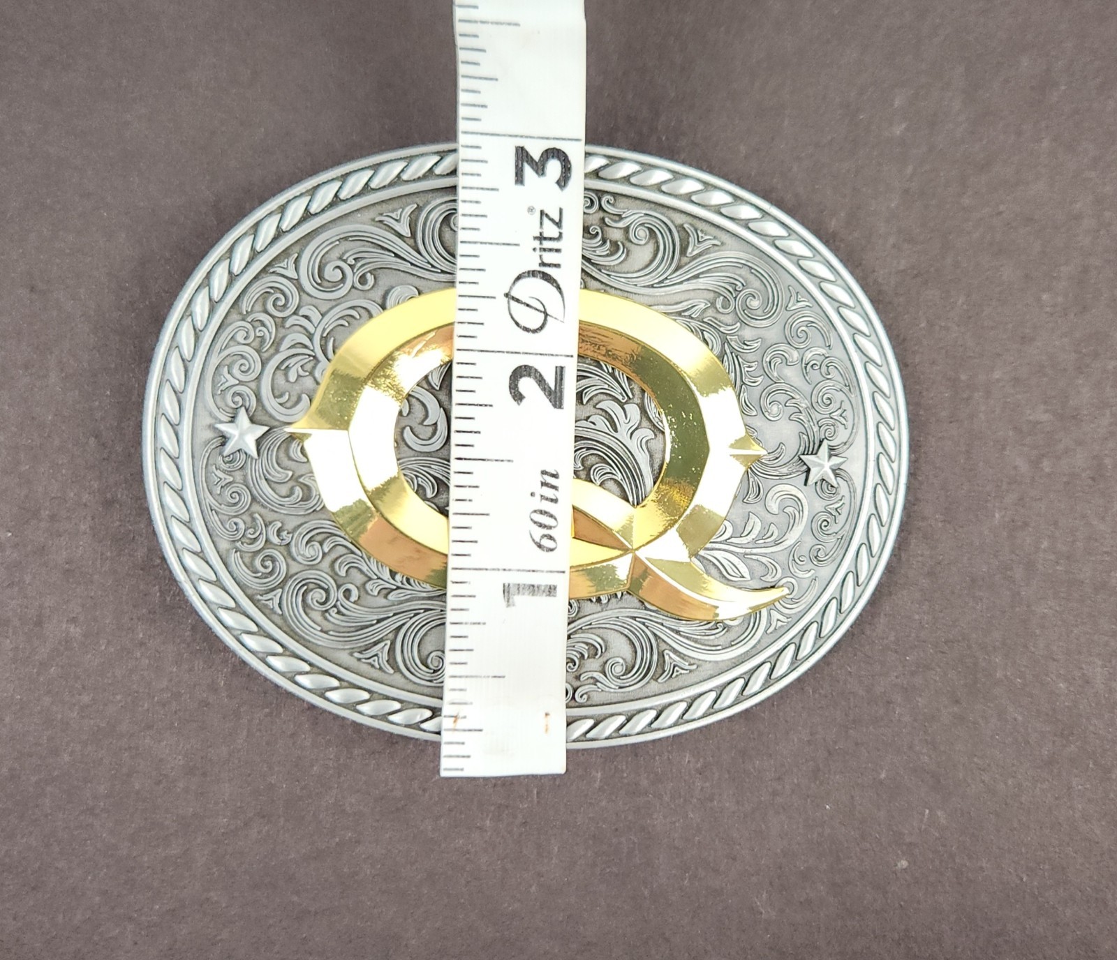 Western Belt Buckle Letter Q Initial Two Tone Pewter And Gold Oval