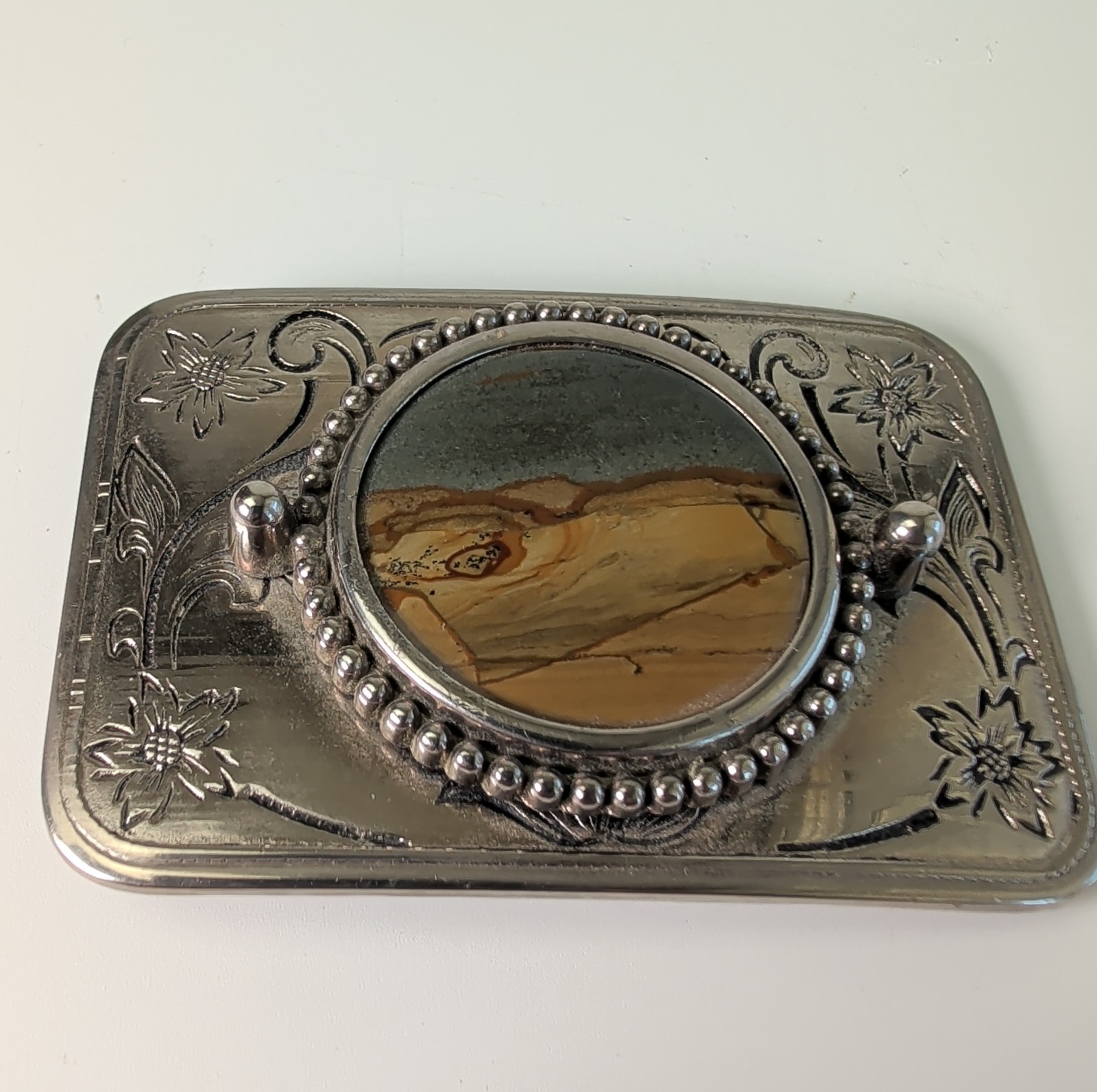 Vintage Landscape Jasper Stone Western Silver Tone Belt Buckle