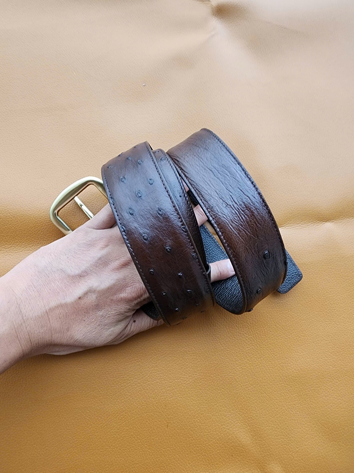3.8CM Brown 100% Genuine Body Ostrich Leather Skin Men Belt Buckle- Handmade