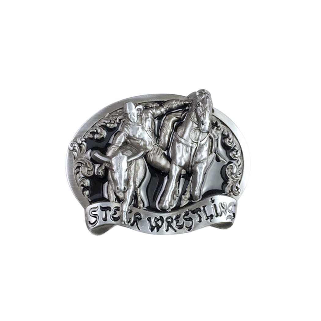 Black Enamel Rodeo Steer Wrestling Western Belt Buckle Boucle de Ceinture