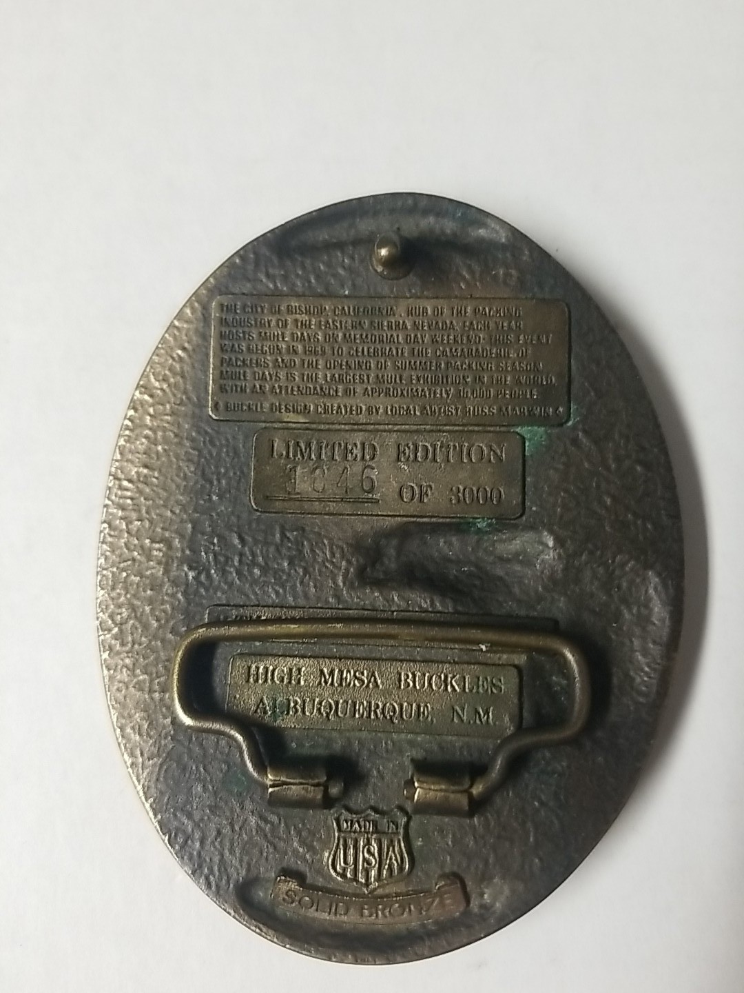 Vintage 1970/1991 Bishop, CA Mule Days Solid Bronze Belt Buckle 1846 of 3000