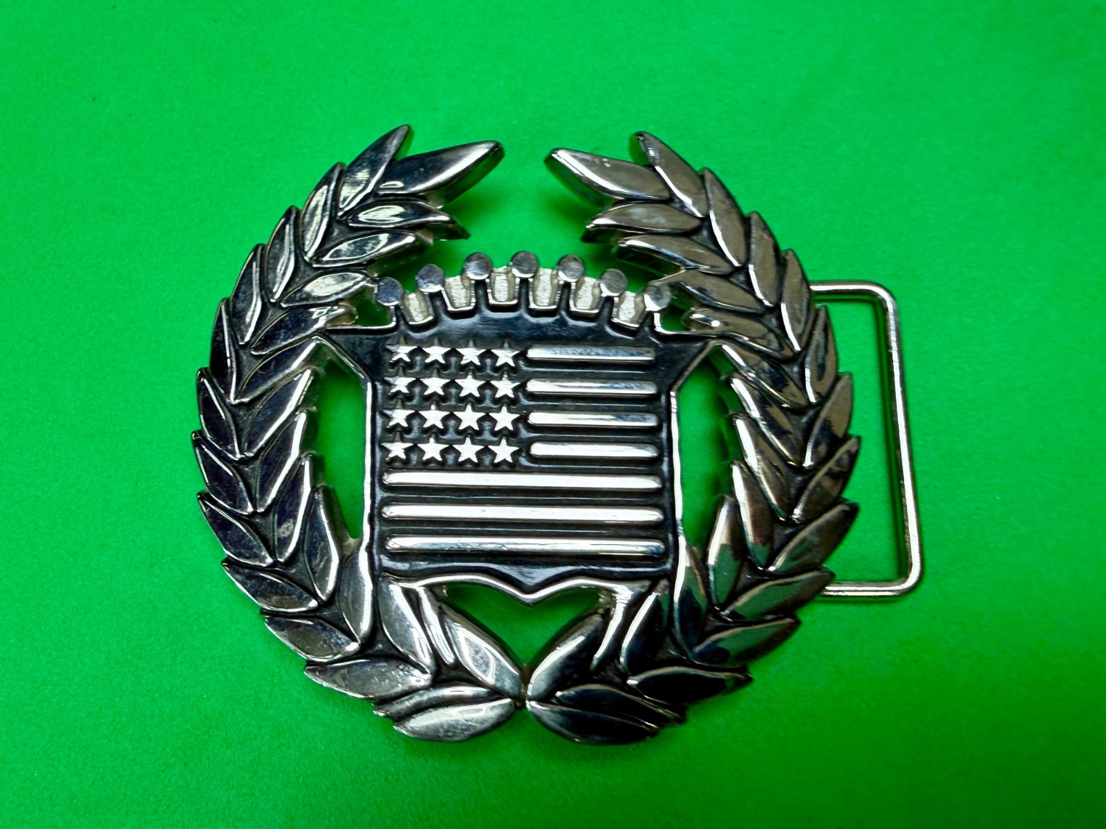 Cadillac Crown Logo Olive Branch Silver Color Famous Stars & Stripes Belt Buckle
