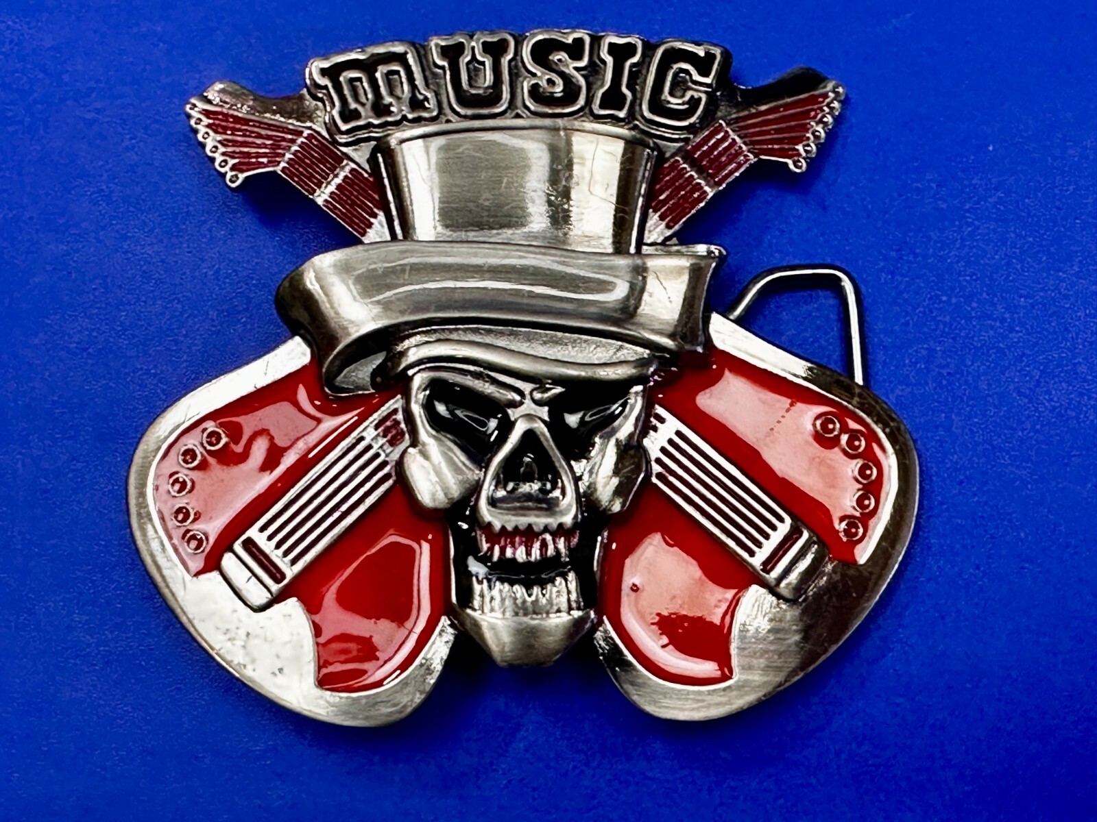 MUSIC Skull in Fedora Hat Crossed Electric Guitars Musician Rockstar Belt Buckle