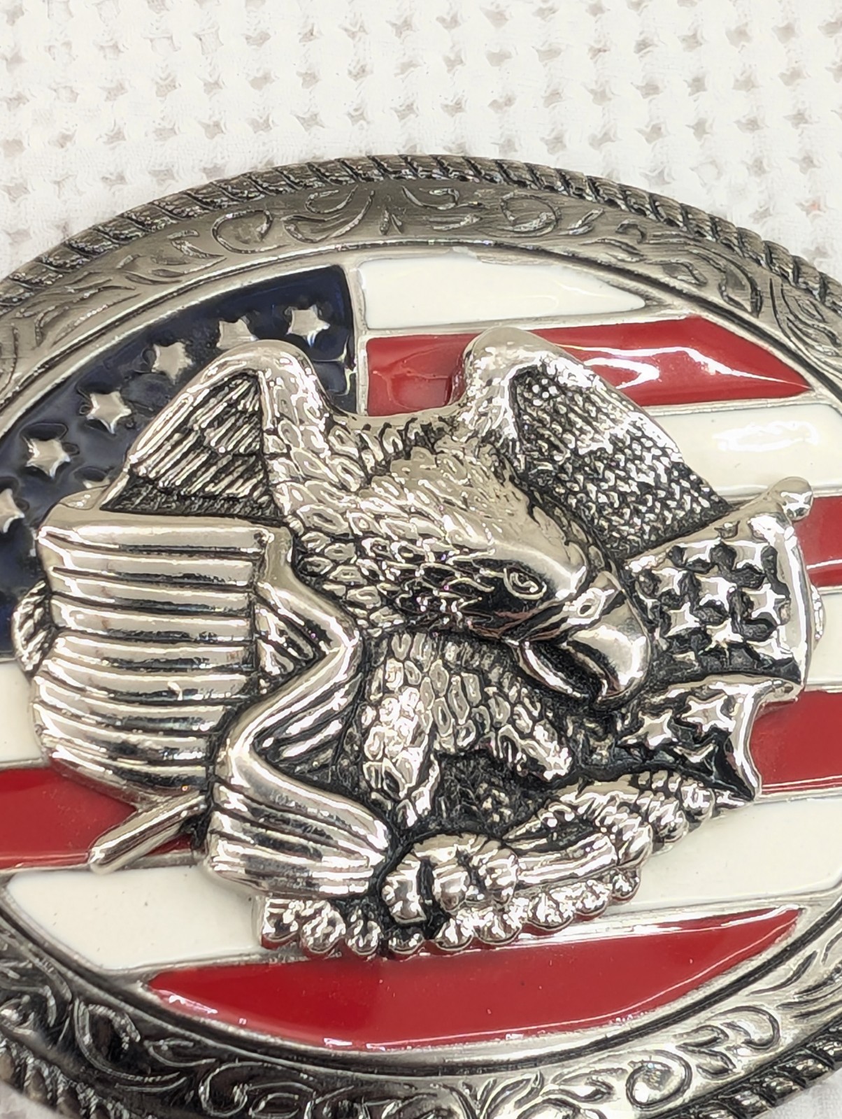 Men&rsquo;s Belt Buckle Freedom America Flag USA Patriotic Eagle Silver Tone