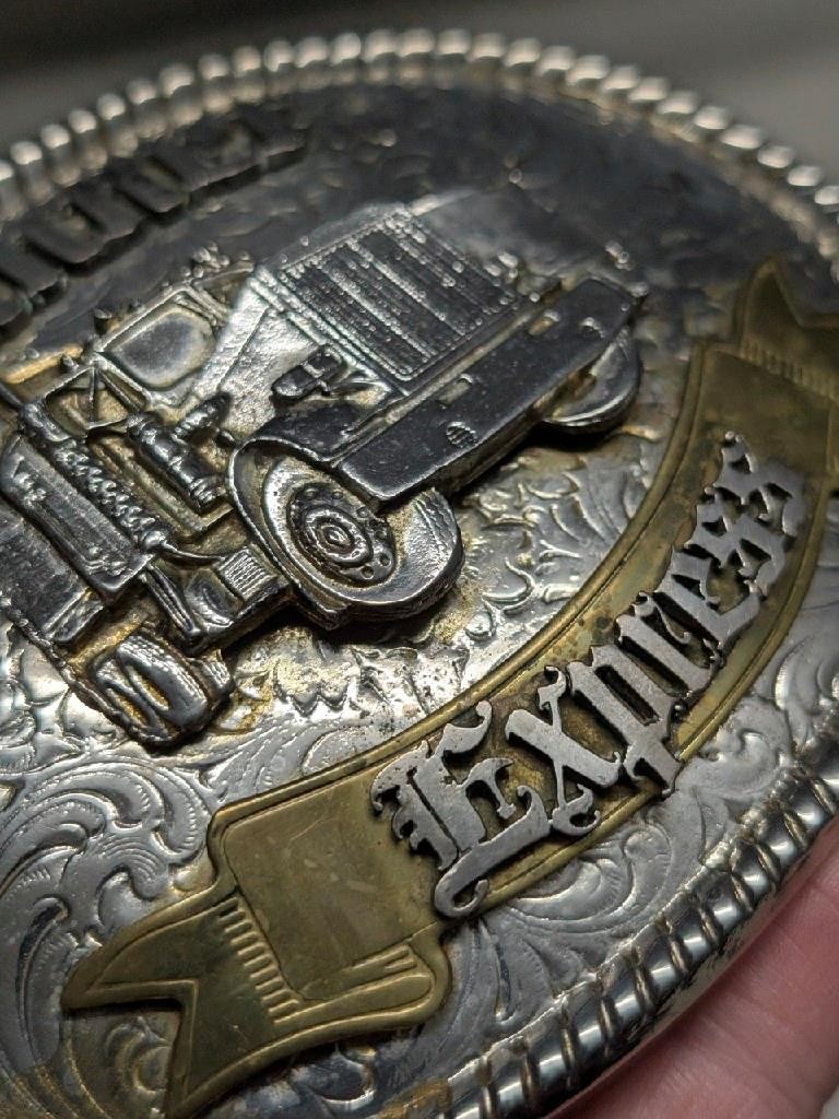 vintage USA made TRUCKER belt buckle OVERSIZED engraved WESTERN cowboy BRASS