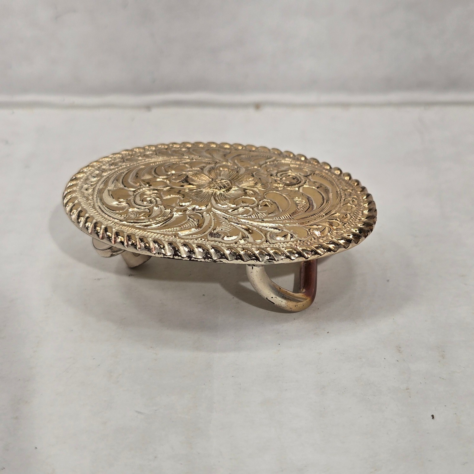 Vtg Crumrine El Arturo Bronze Western Belt Buckle Gold Floral Scroll Rope Edge