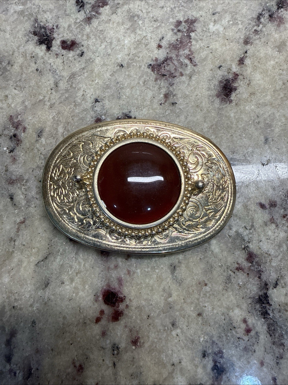 vintage ornate oval gold metal belt buckle w polished red stone center women