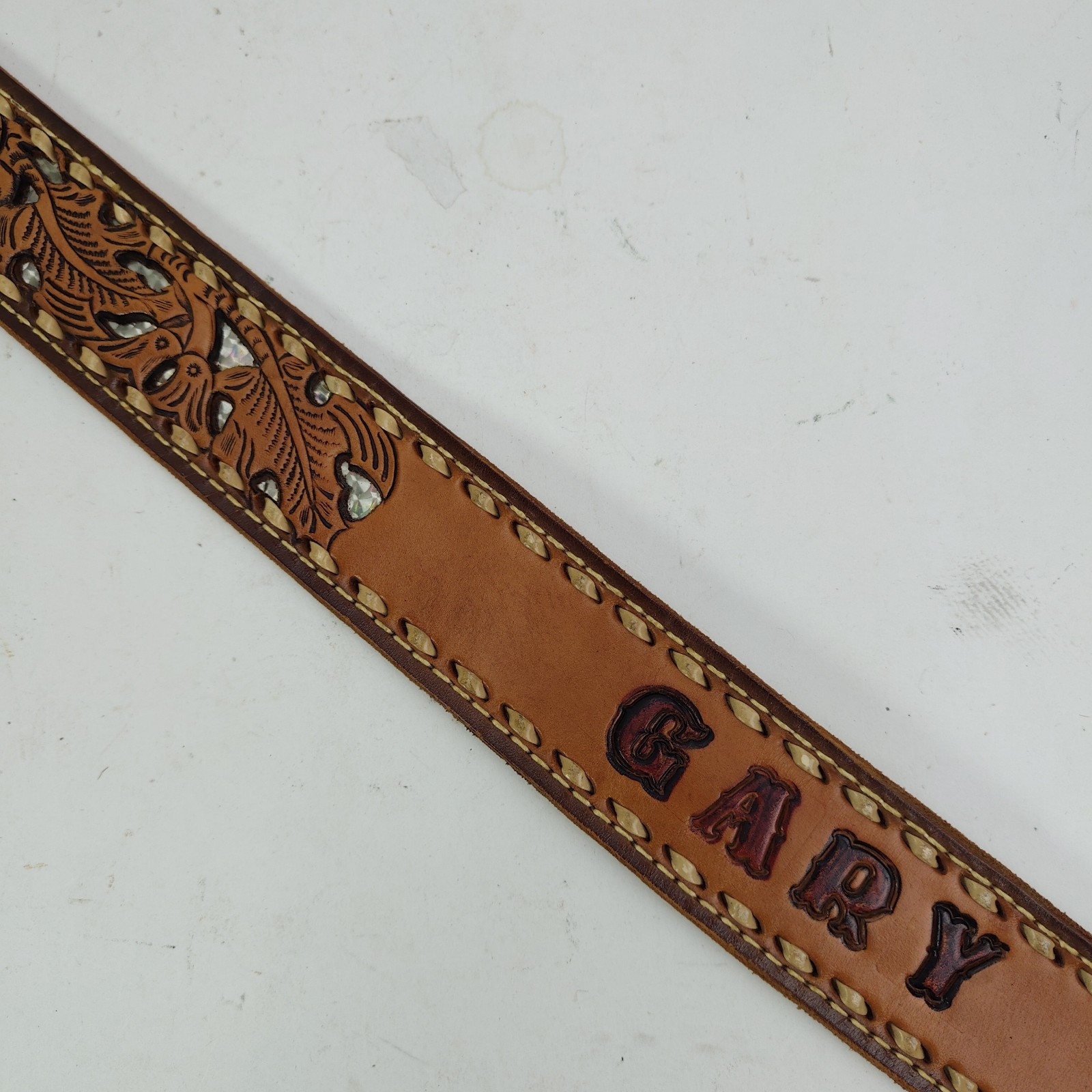 Vintage Tooled Western Leather Name Belt Gary GWB Mother of Pearl Inlay Size 38&Prime;