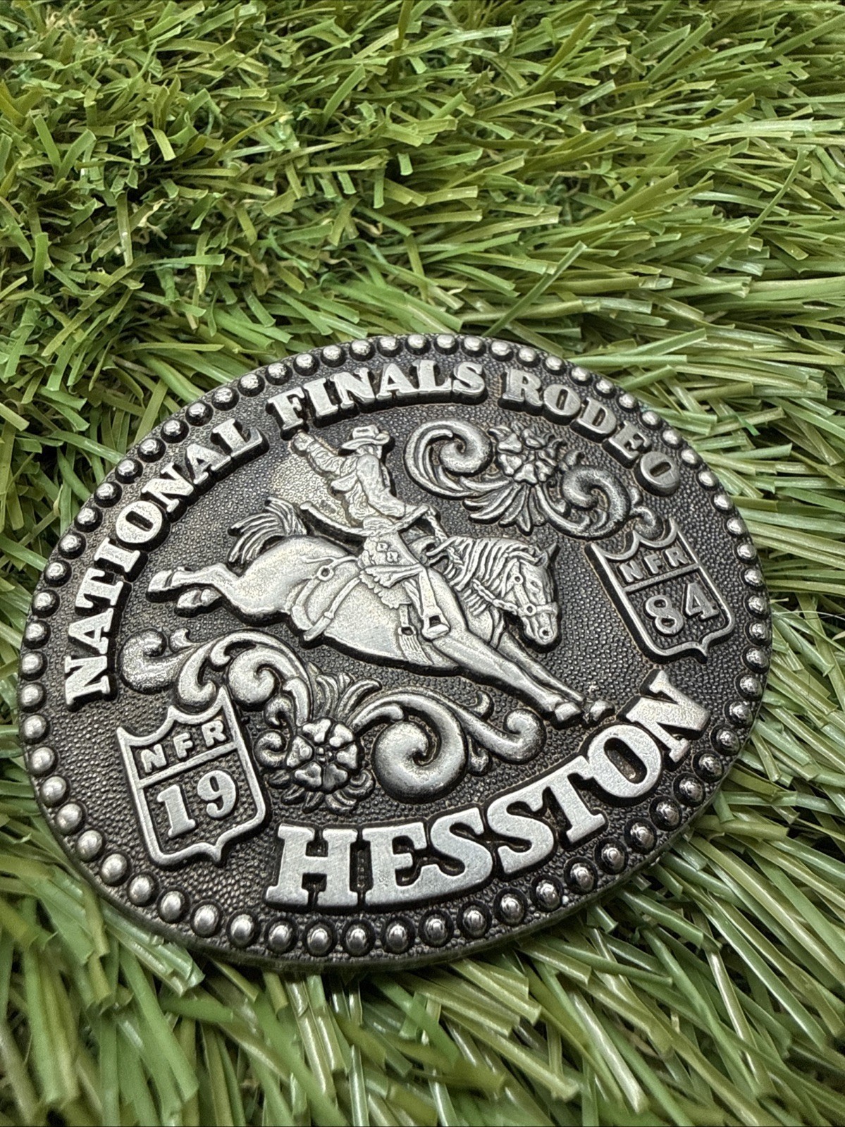 1984 Hesston NFR Belt Buckle Junior Size 2nd Edition Anniversary Pewter Tone Vtg