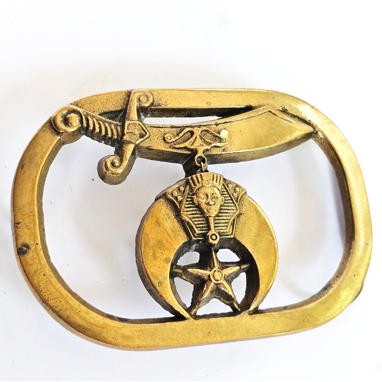 1980 Baron Shriners Masonic Belt Buckle Solid Brass Scimitar Pharaoh Star Vtg