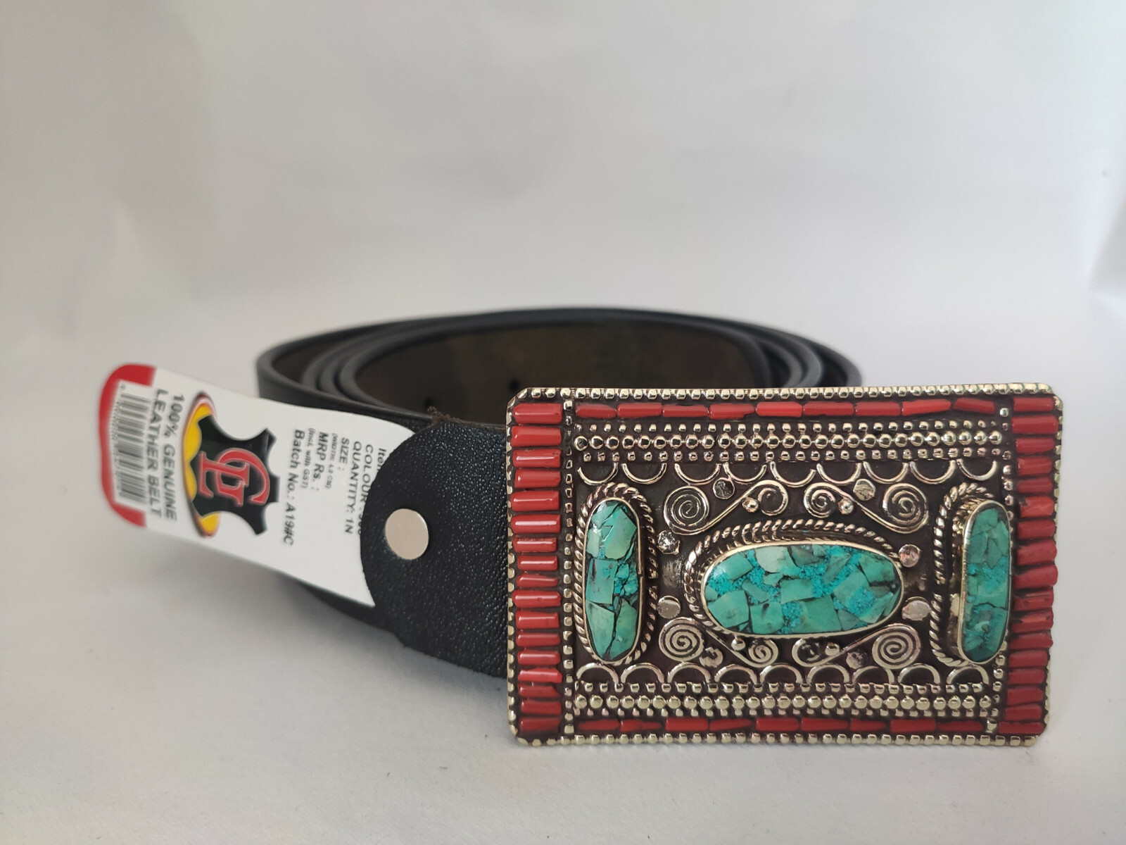 Sterling Silver waist trap Leather Buckle belt Clasp Turquoise Coral B36