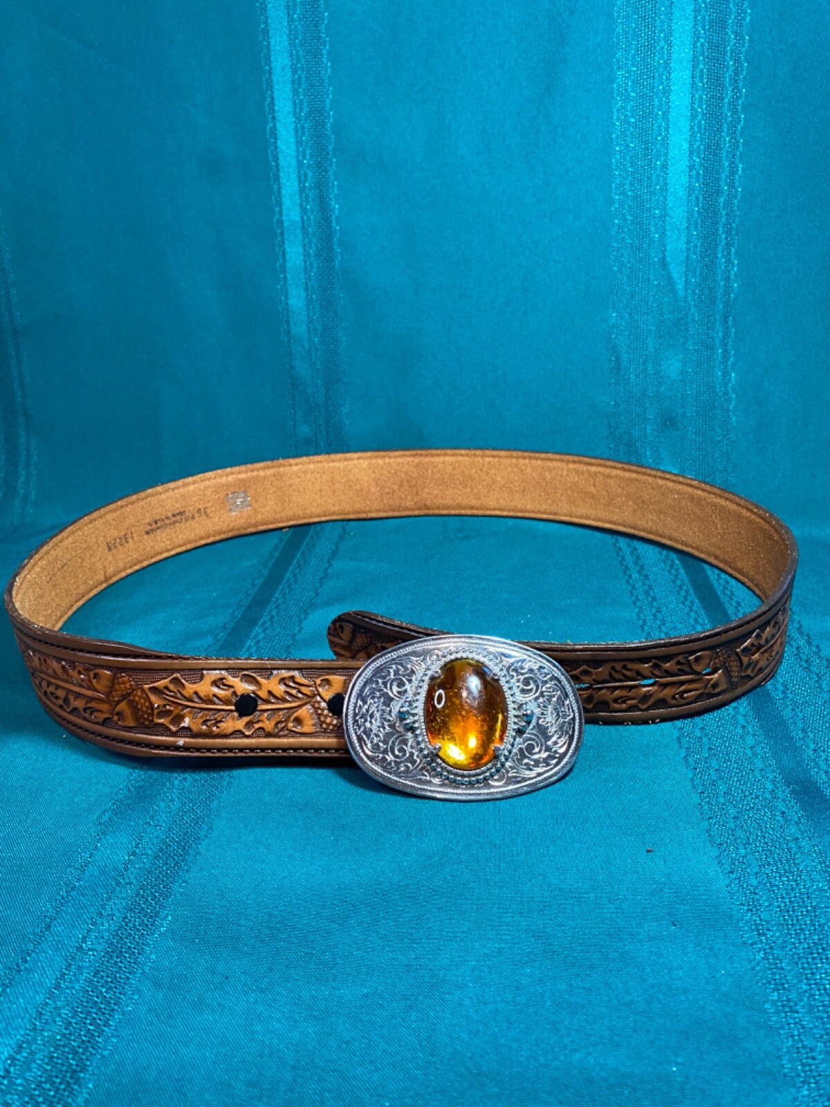 Tex Tan Full Grain Cowhide Belt Size 36 Tool Silver Buckle Polished Amber Stone