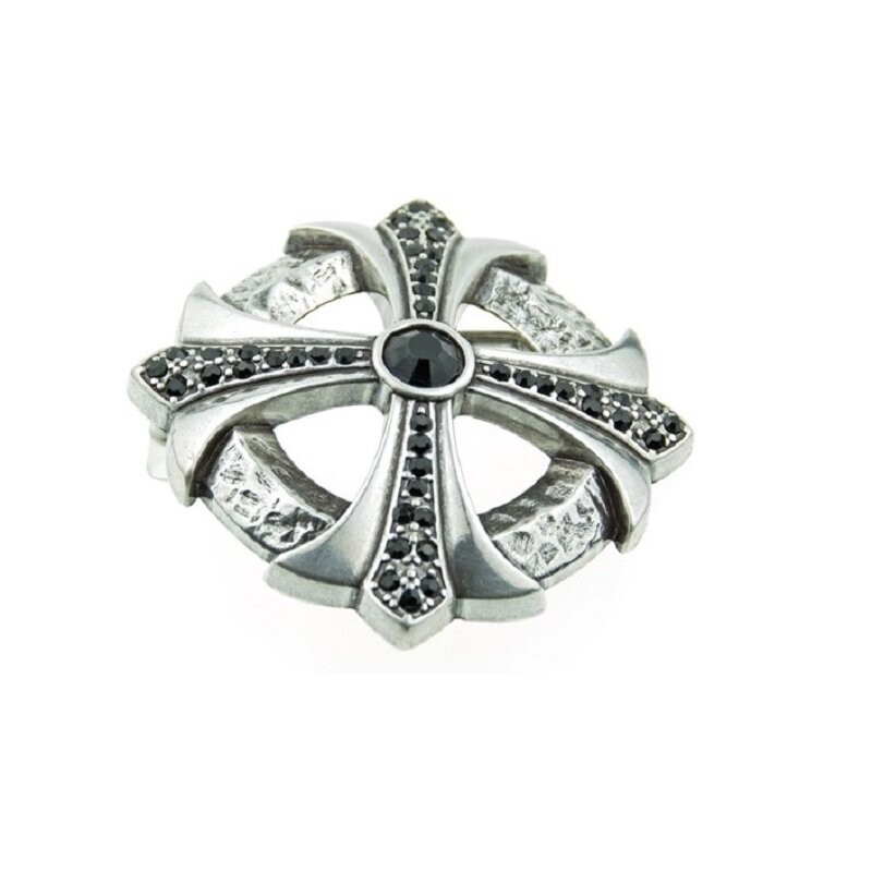 Gothic Cross Belt Buckle in Antique Silver with Black Crystals