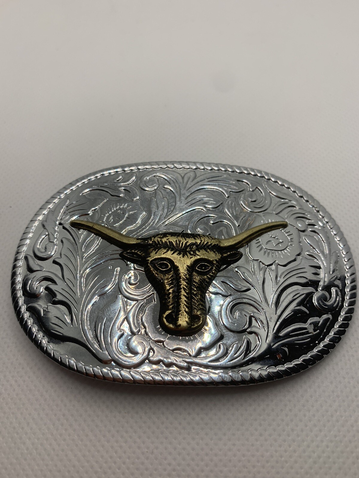 Silver And Gold Toned Longhorn Steer Cattle Belt Buckle Cowboy Cowgirl