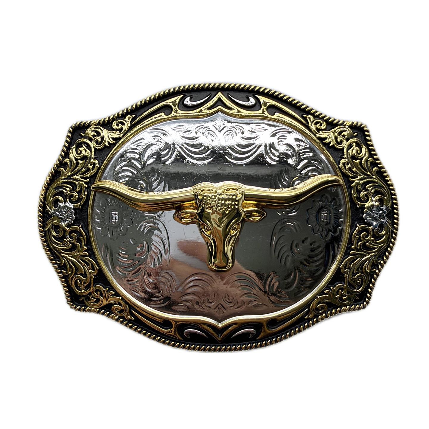 Bright Silver With Gold Longhorn Bull Rodeo Cowboy Cowgirl Belt Buckle Hebilla