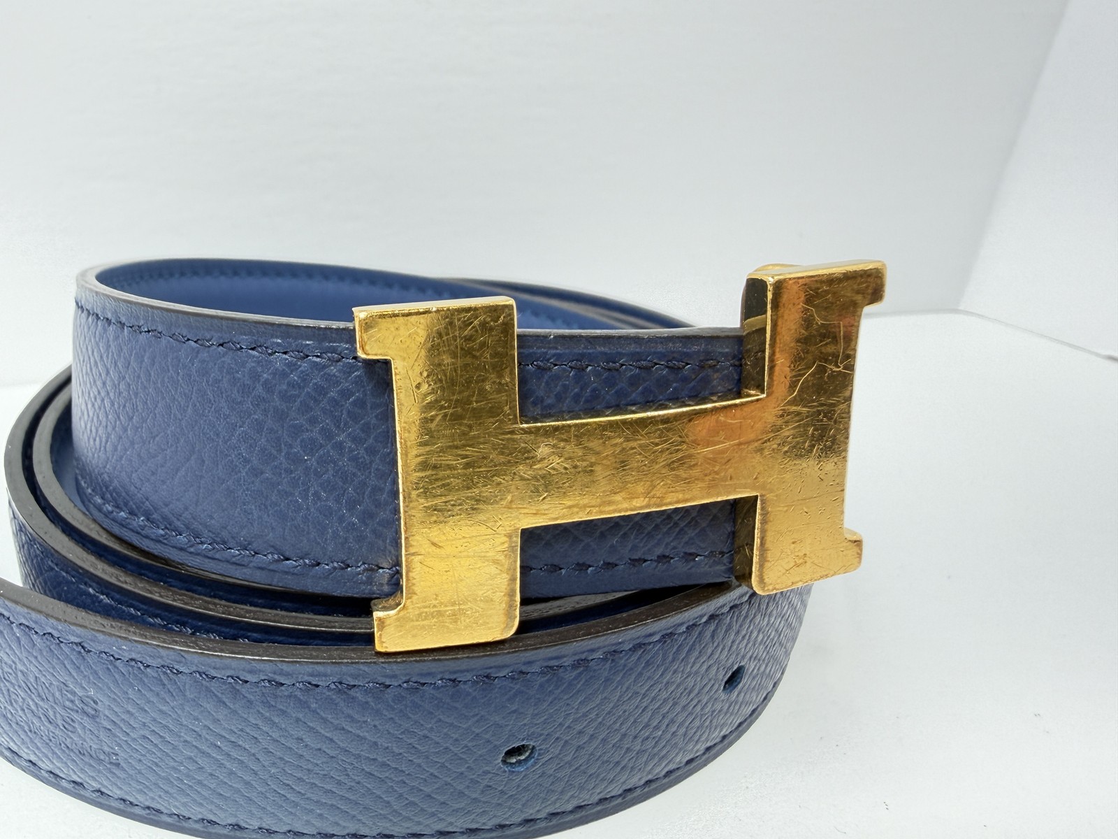 Authentic HERMES H Logo Reversible Belt Strap Blue Gold Tone Buckle Kit 85