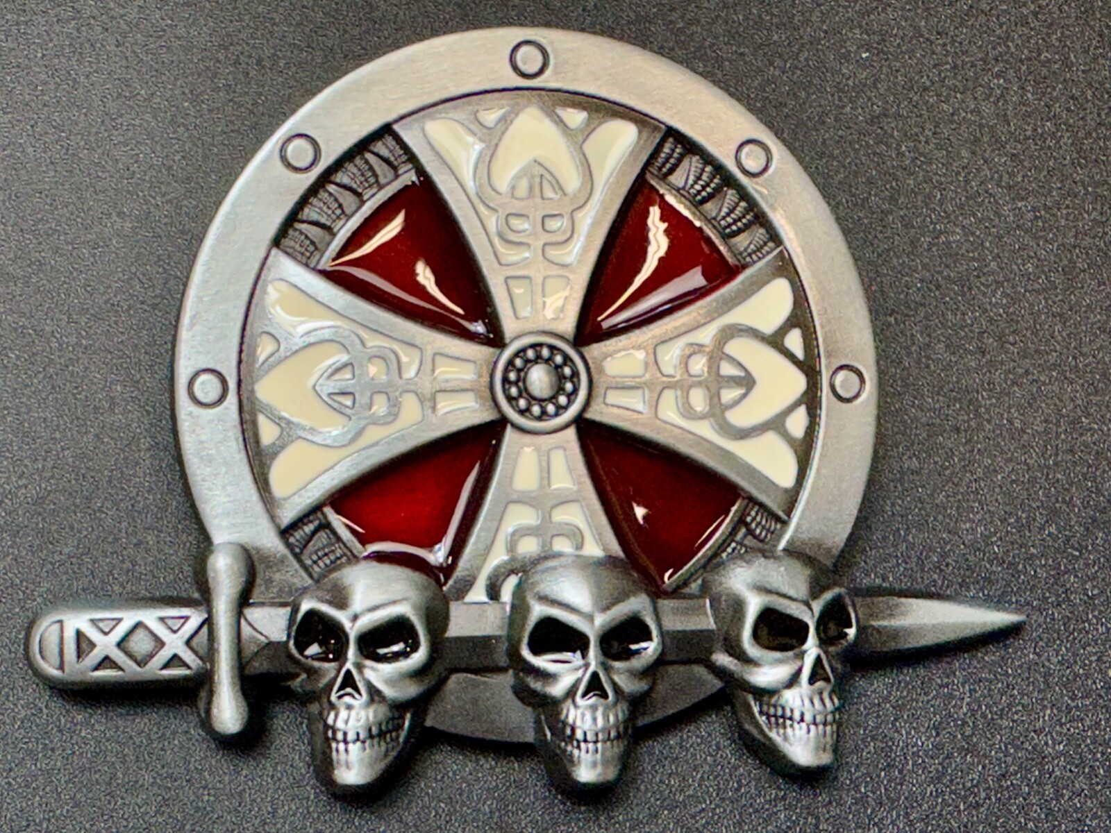 Three Skulls With Sword Through Heads On Iron Cross Round Nos Belt Buckle