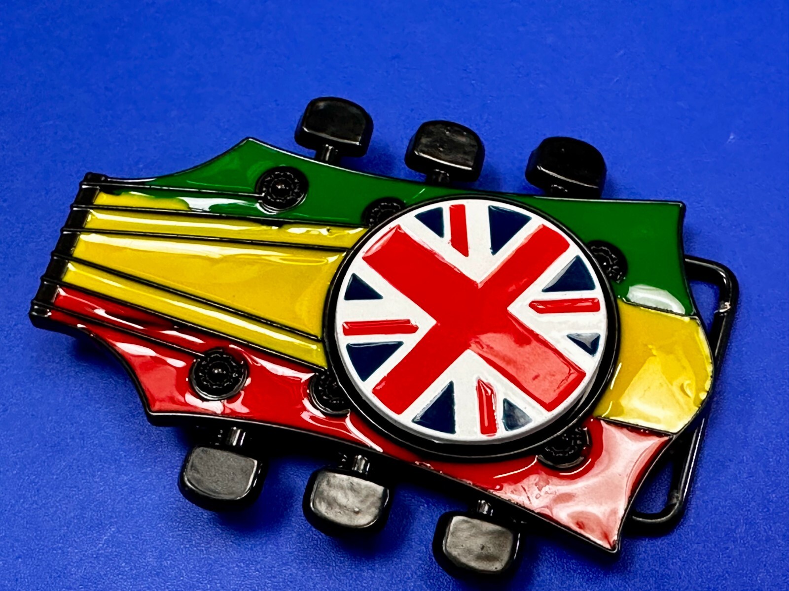 Electric Guitar Tuning Keys Shaped Belt Buckle W/ Uk Flag Union Jack Spinner