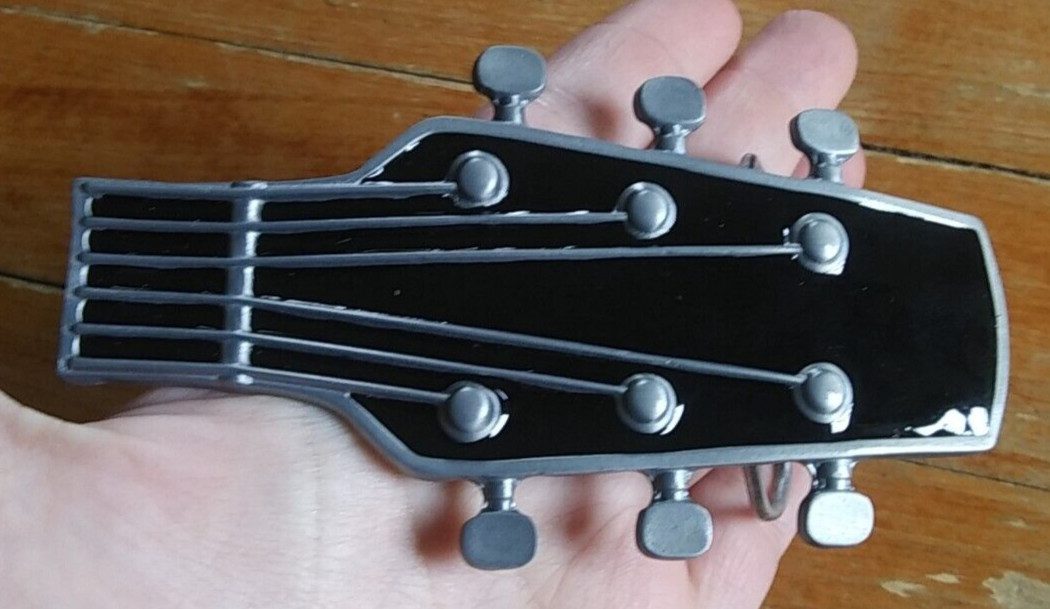 Vintage Guitar Headstock Enamel RnR Rockabilly Country Musician Belt Buckle