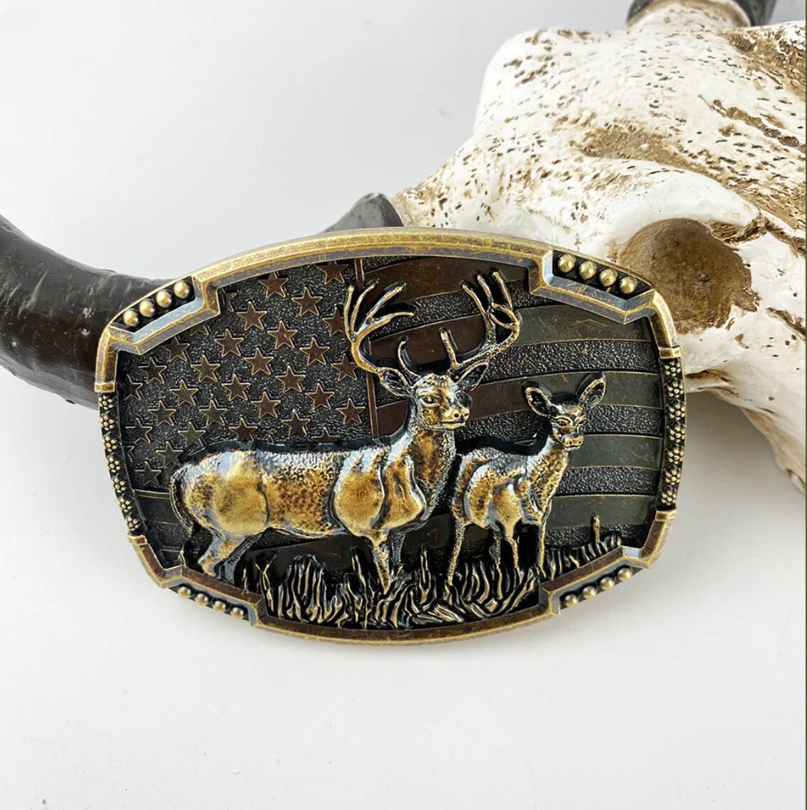 Deer Belt Buckle Patriotic American Flag Elk North Viking Deer Head Punk Western