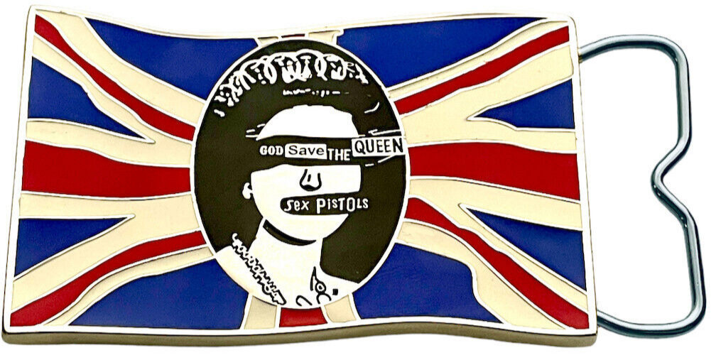 SEX PISTOLS BELT BUCKLE ~ GOD SAVE THE QUEEN ~ EMBOSSED METAL + COLOUR ENAMEL