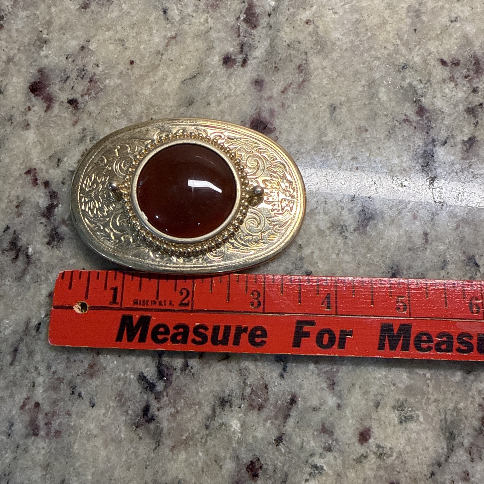 vintage ornate oval gold metal belt buckle w polished red stone center women