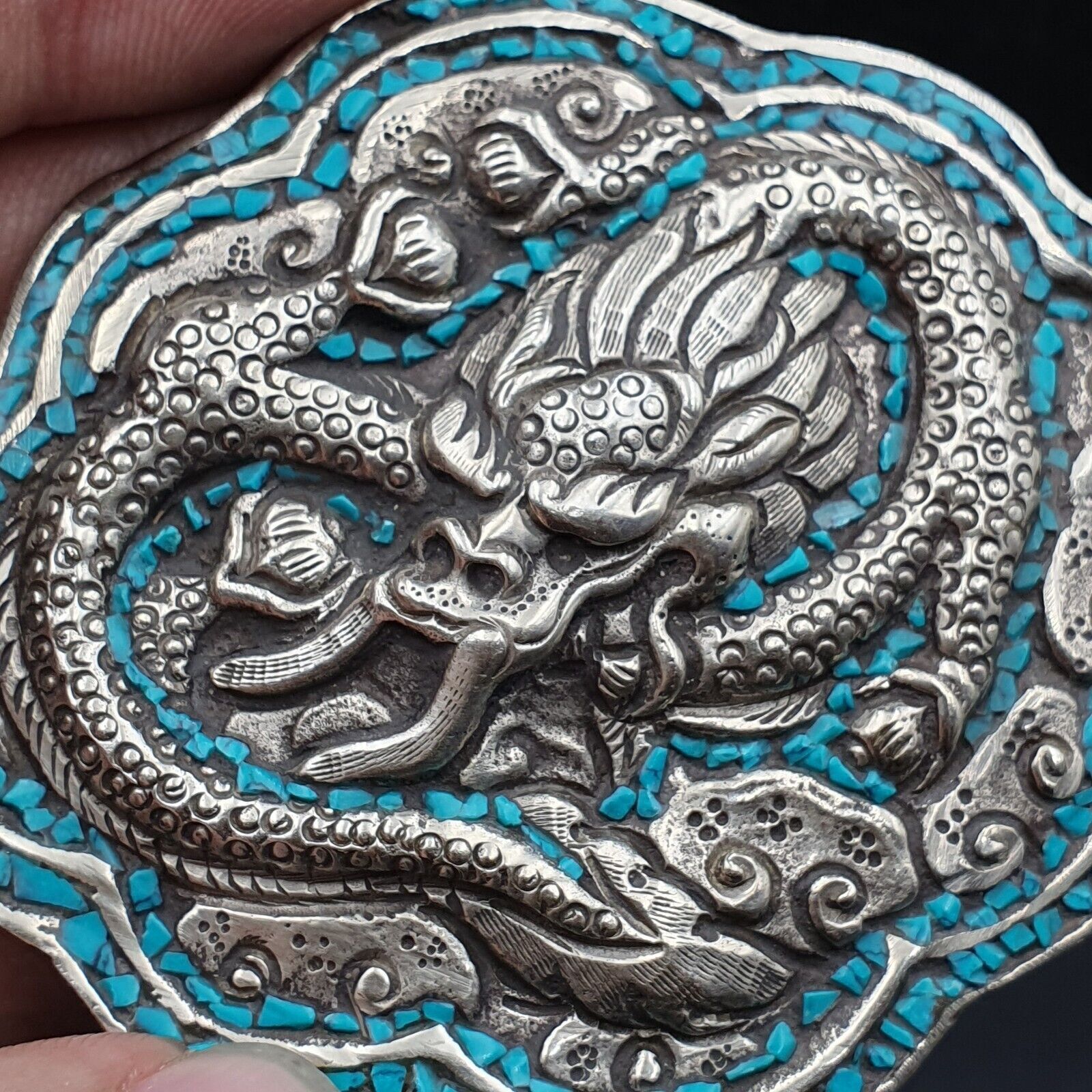 AA BIG MEN&rsquo;S VINTAGE Natural Turquoise Metal Silver Gild Engrave Dragon Belt