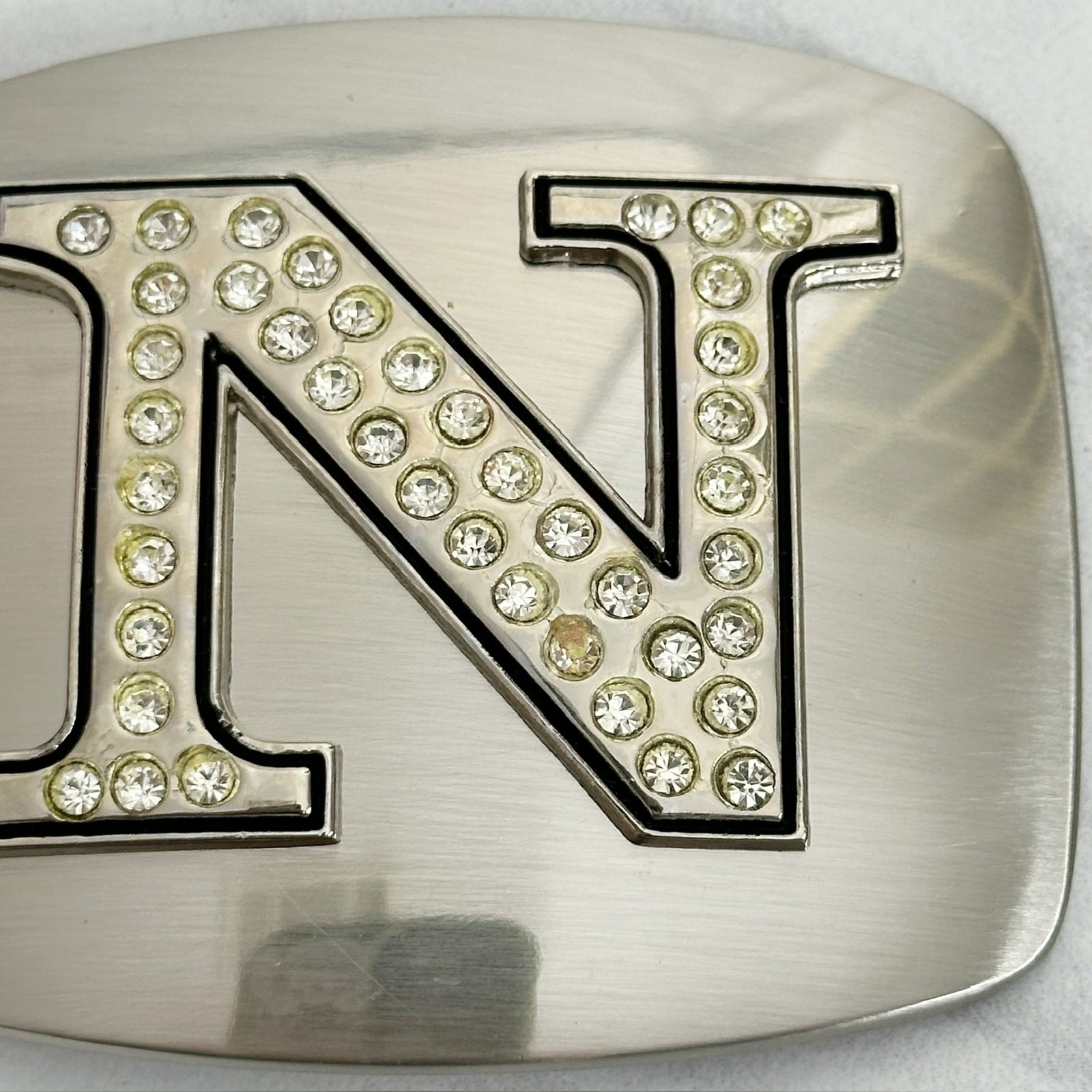 Rhinestone Studded N Letter Initial Monogram Silver Tone Belt Buckle
