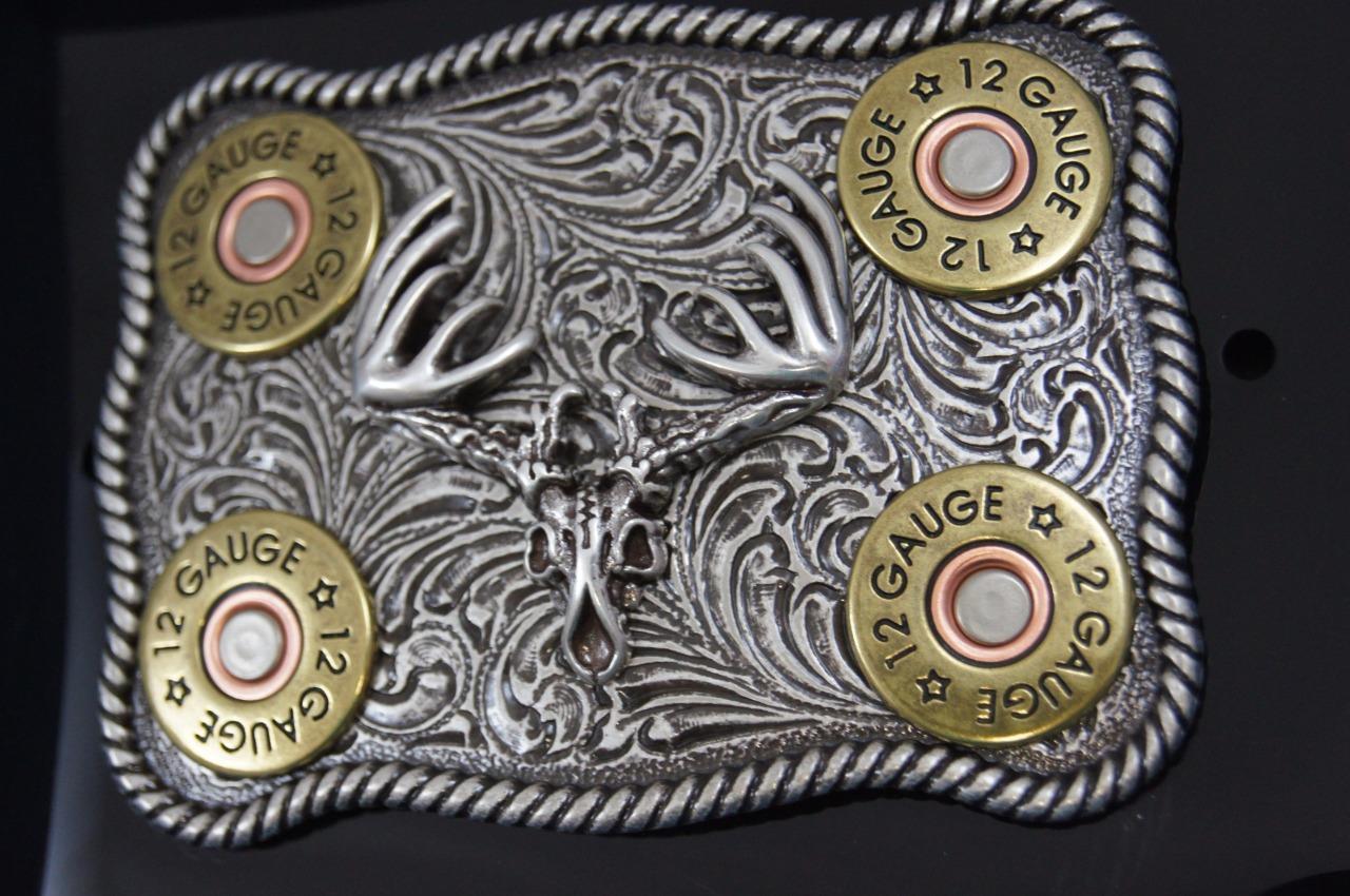 Nocona Whitetail Buck Skull Shotgun Shells Rectangular Belt Buckle 37526