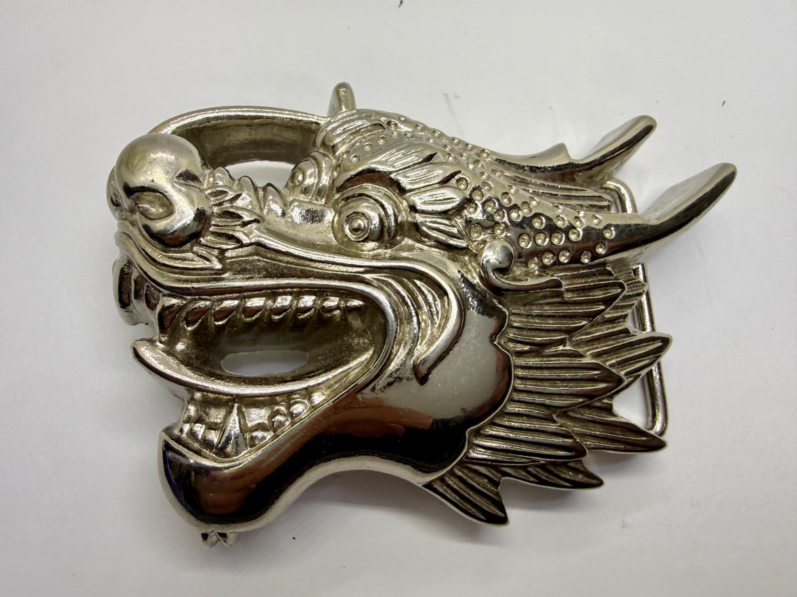 Mystical Asian Chinese Dragon Head Figural Cutout Silver Color Belt Buckle