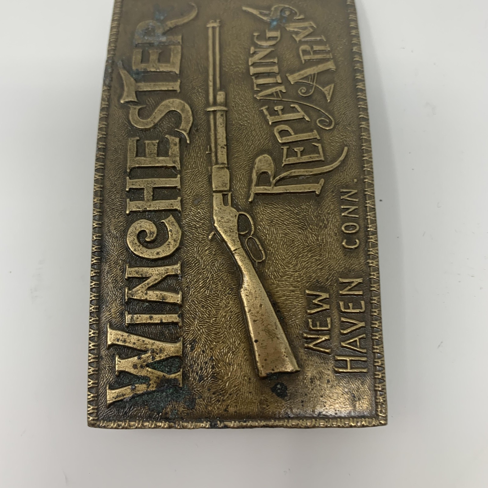 Vintage Winchester Repeating Arms Brass Belt Buckle Rifle New Haven CT Western