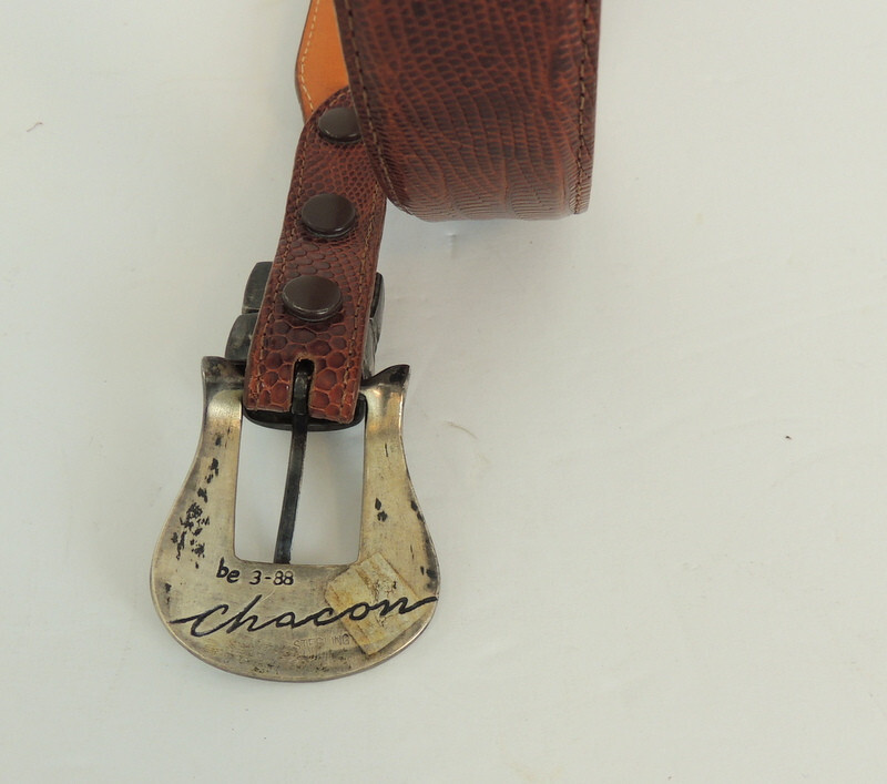 Chacon Sterling Buckle Genuine Lizard Belt Made In USA Mens 36 Marked Sterling