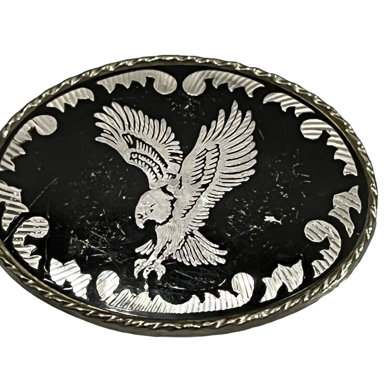 EAGLE vintage belt buckle silver and black USA made freedom strength
