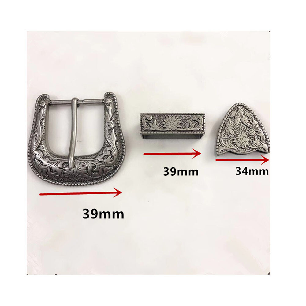 Western Belt Buckle Three Piece Set Antique Brass Floral Design Unisex 1 1/2&Prime; US