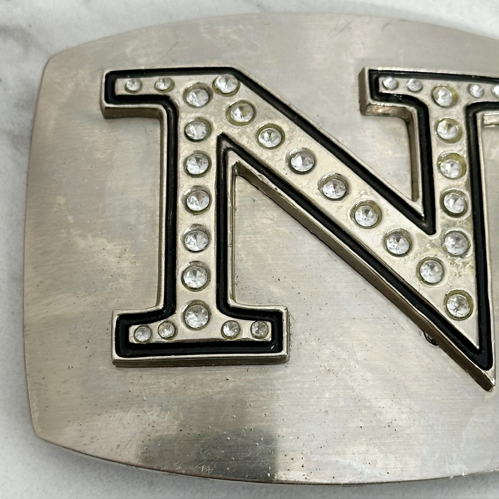 Rhinestone Studded N Letter Initial Monogram Silver Tone Belt Buckle