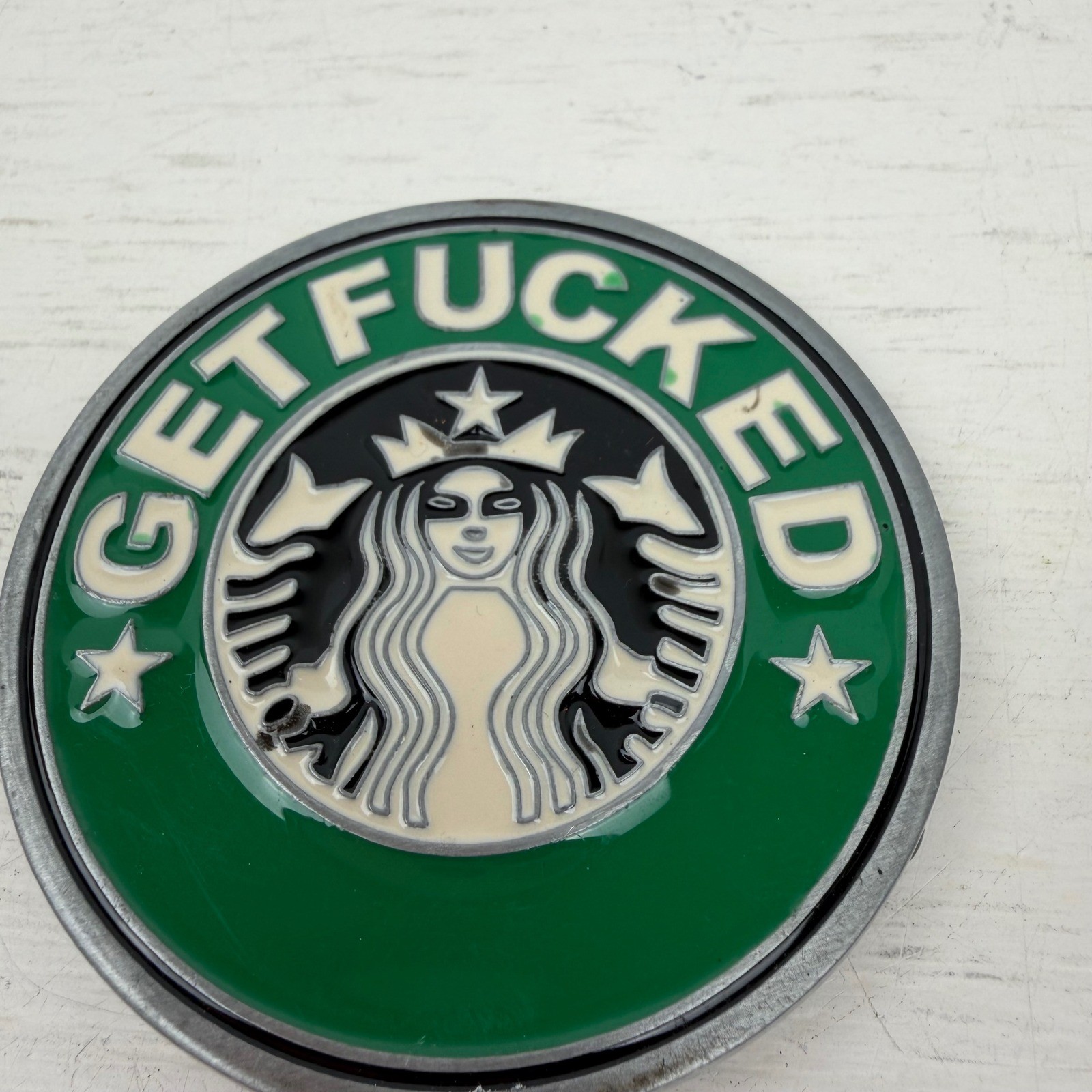 Get F Parody Coffee Siren Belt Buckle Novelty Green Enamel Round Metal