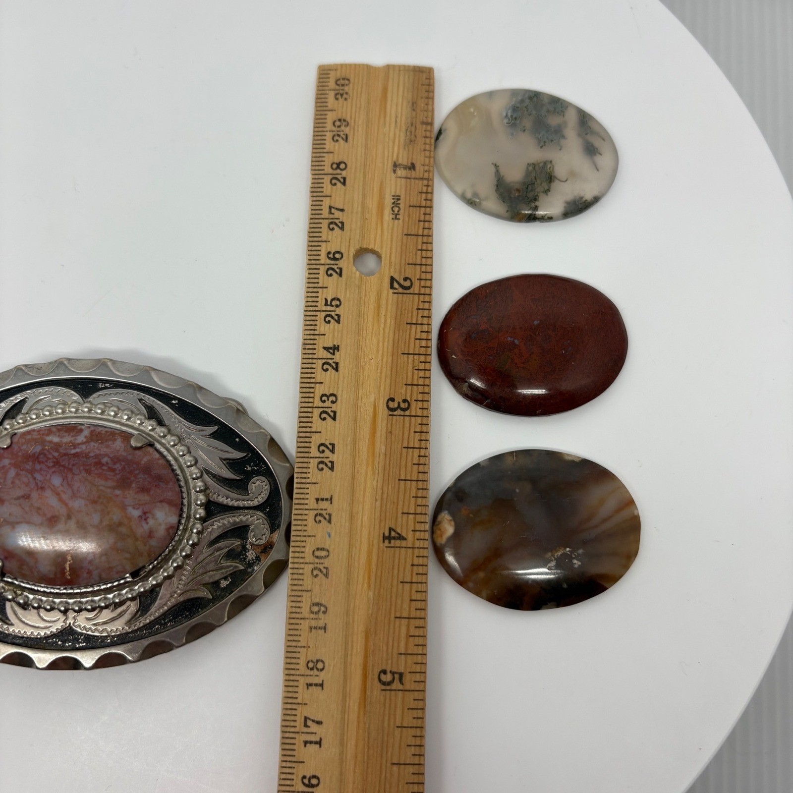 Western Interchangeable Stone Belt Buckle Silver Tone Agate Jasper 3.5in