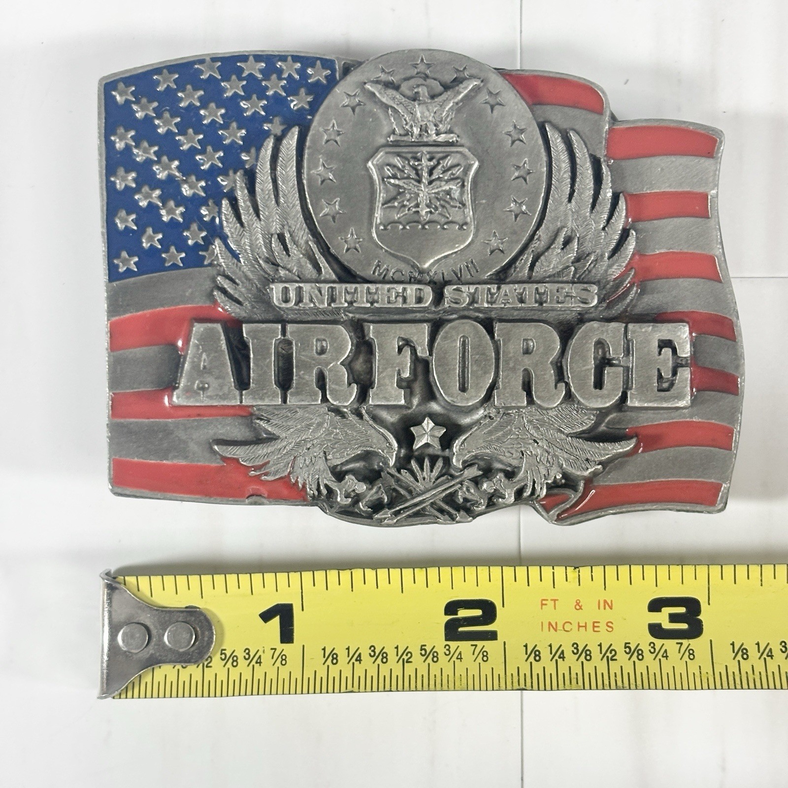 Vintage USA United States Air Force Military Belt Buckle 1.75” Flag Eagle Pewter