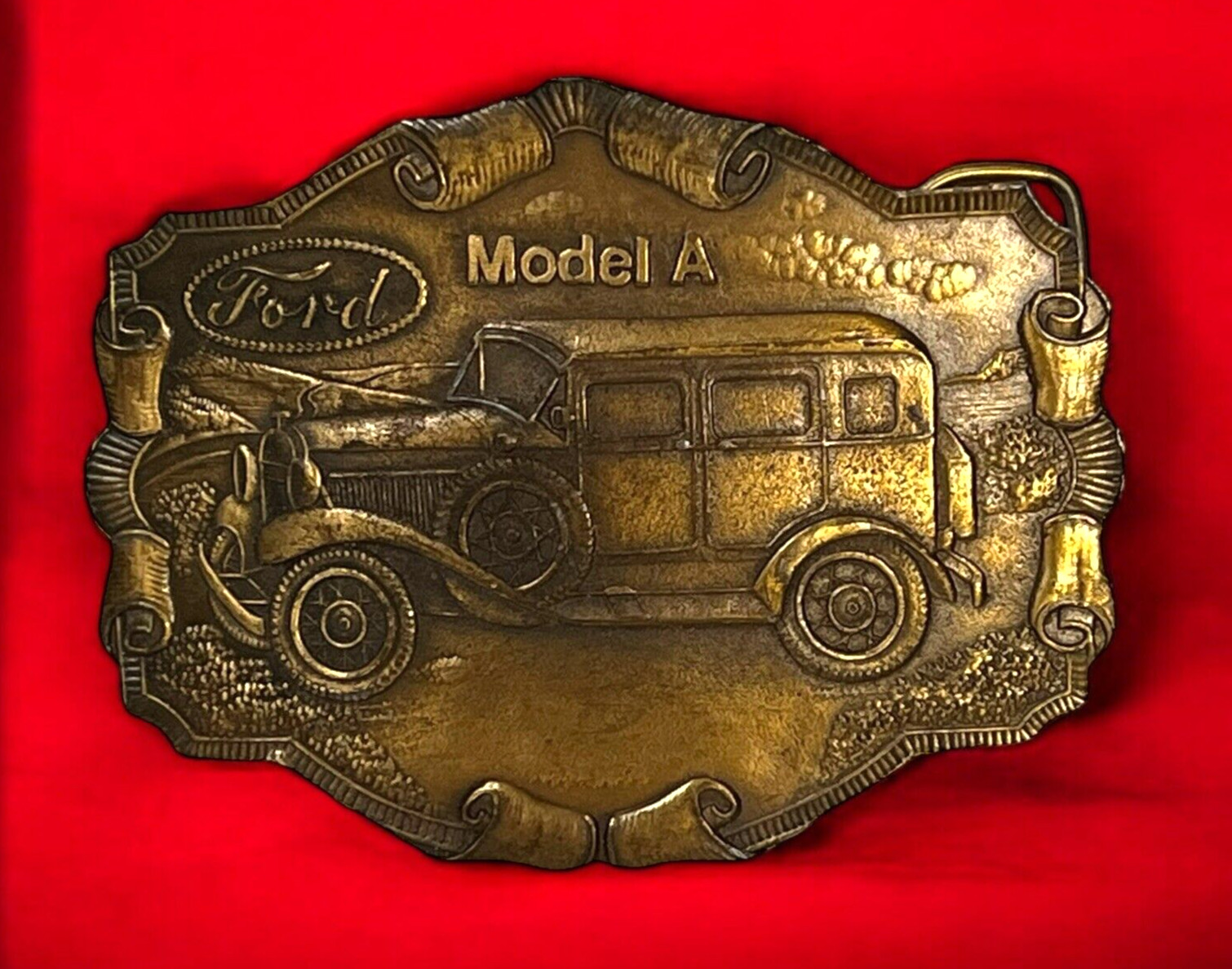 Vintage Ford Model A Car Brass Belt Buckle Scrolls Transportation