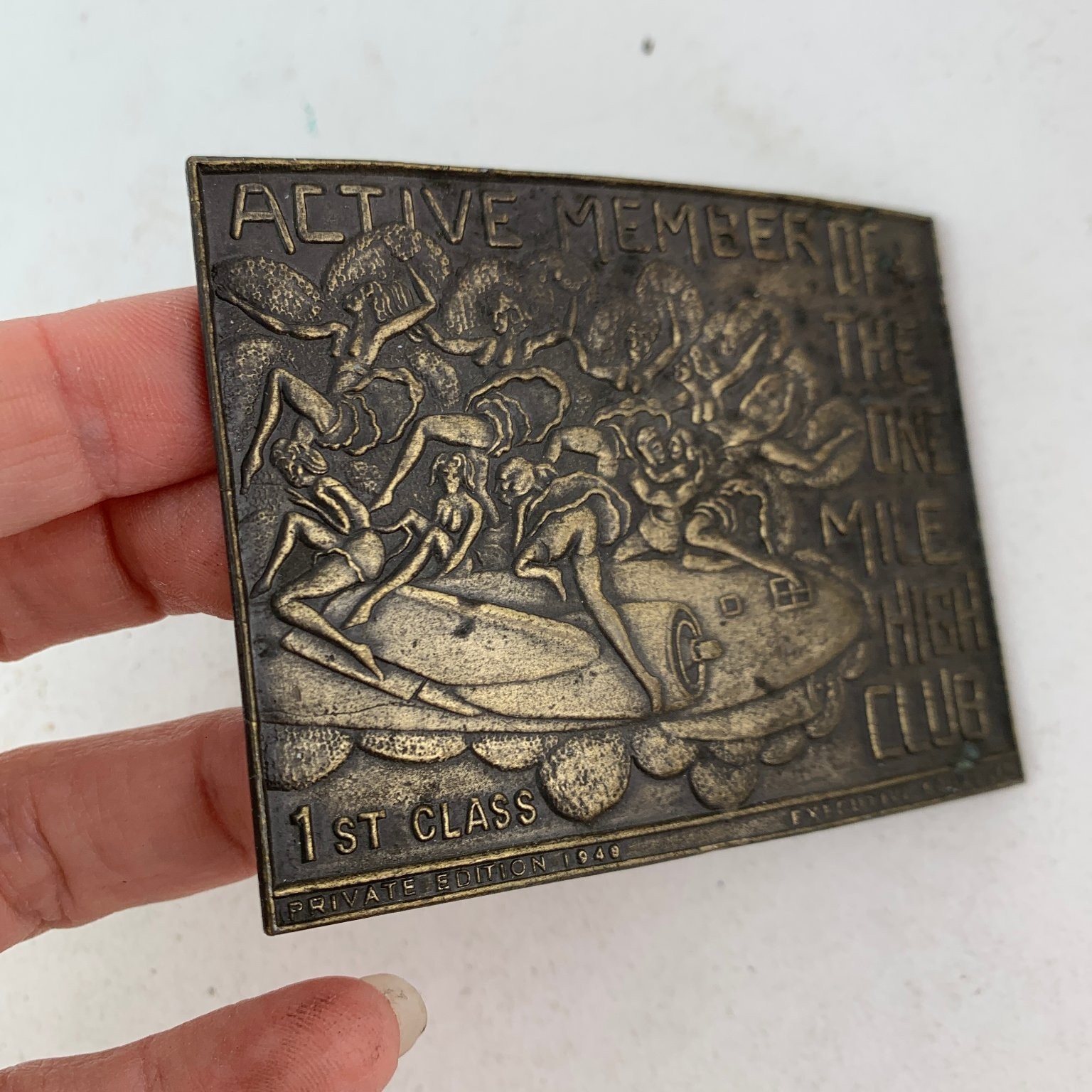 Vintage 1949 One Mile High Club Member Belt Buckle Art Deco Bronze Tone Lewis