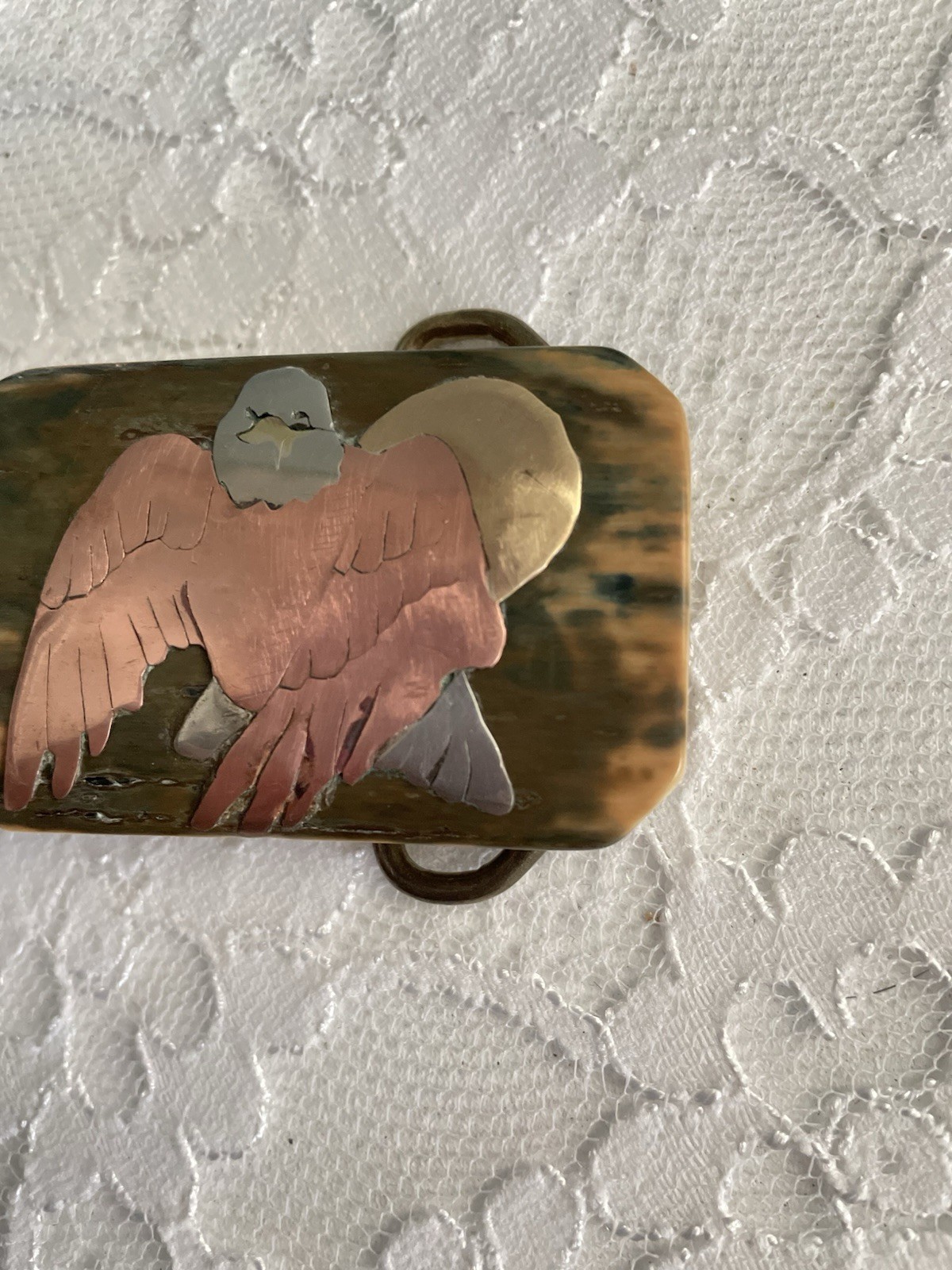 Vintage Handmade Mixed Metal Brass Copper Eagle Inlay Stone Belt Buckle Signed