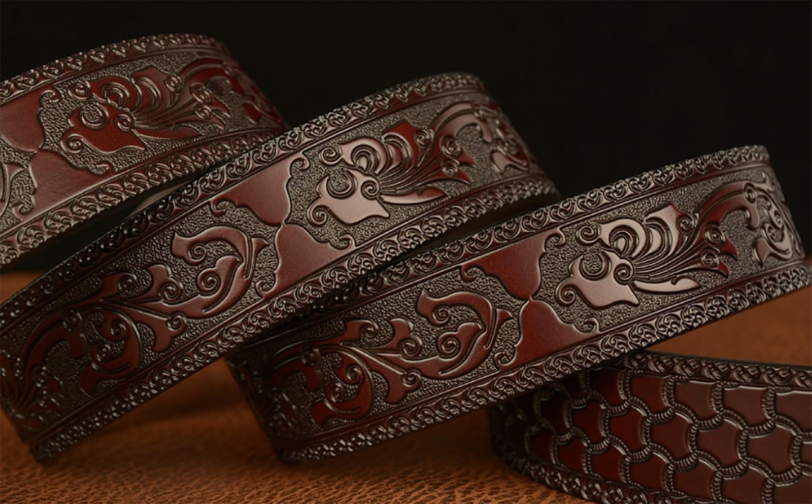 Lyqqine Men&rsquo;s Leather Ratchet Belt Ethnic 125cm, Grass Carving Anchor Brown