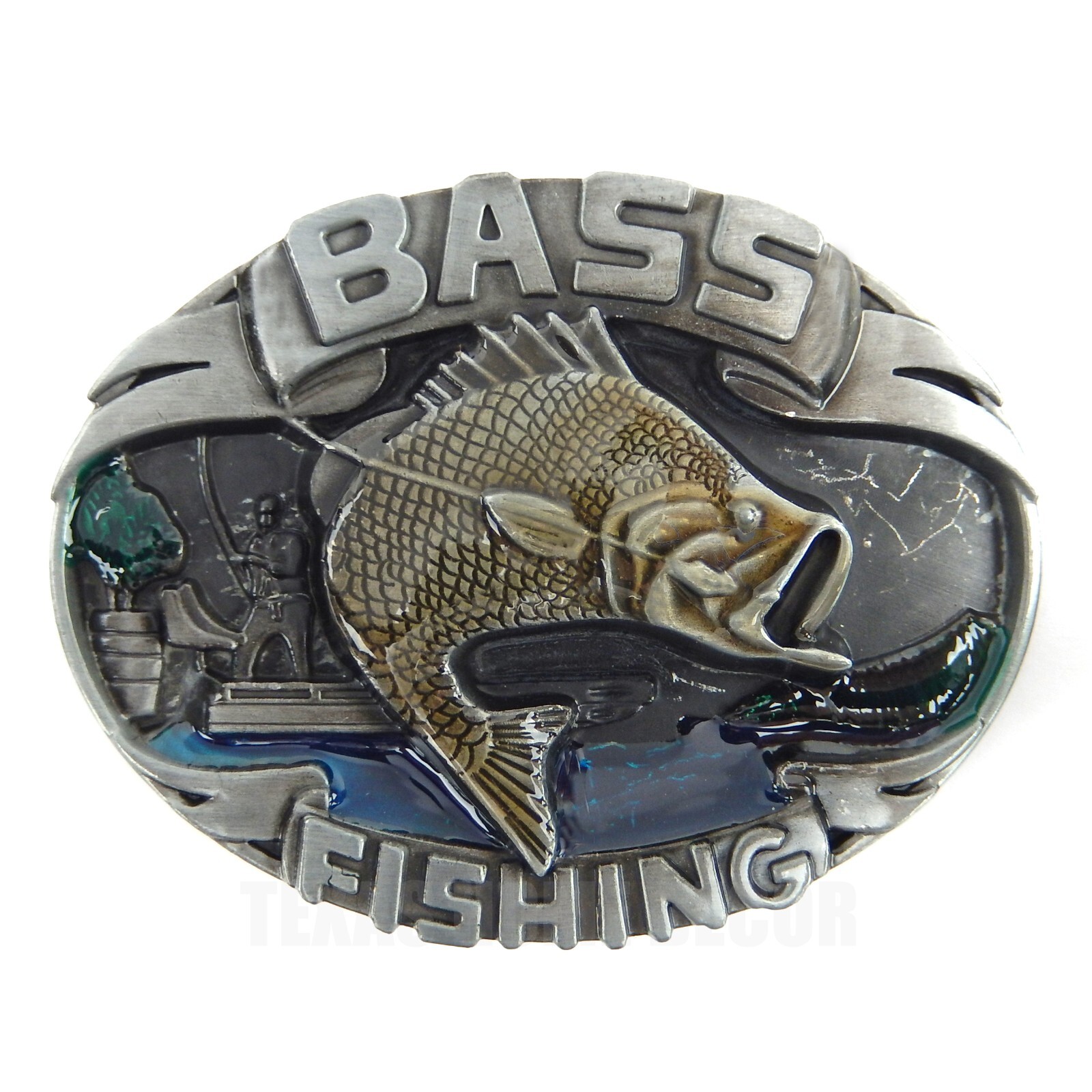 Bass Fishing Belt Buckle Antique Silver Finish Color Enamel Inlay Fits 1.5&Prime; Belt