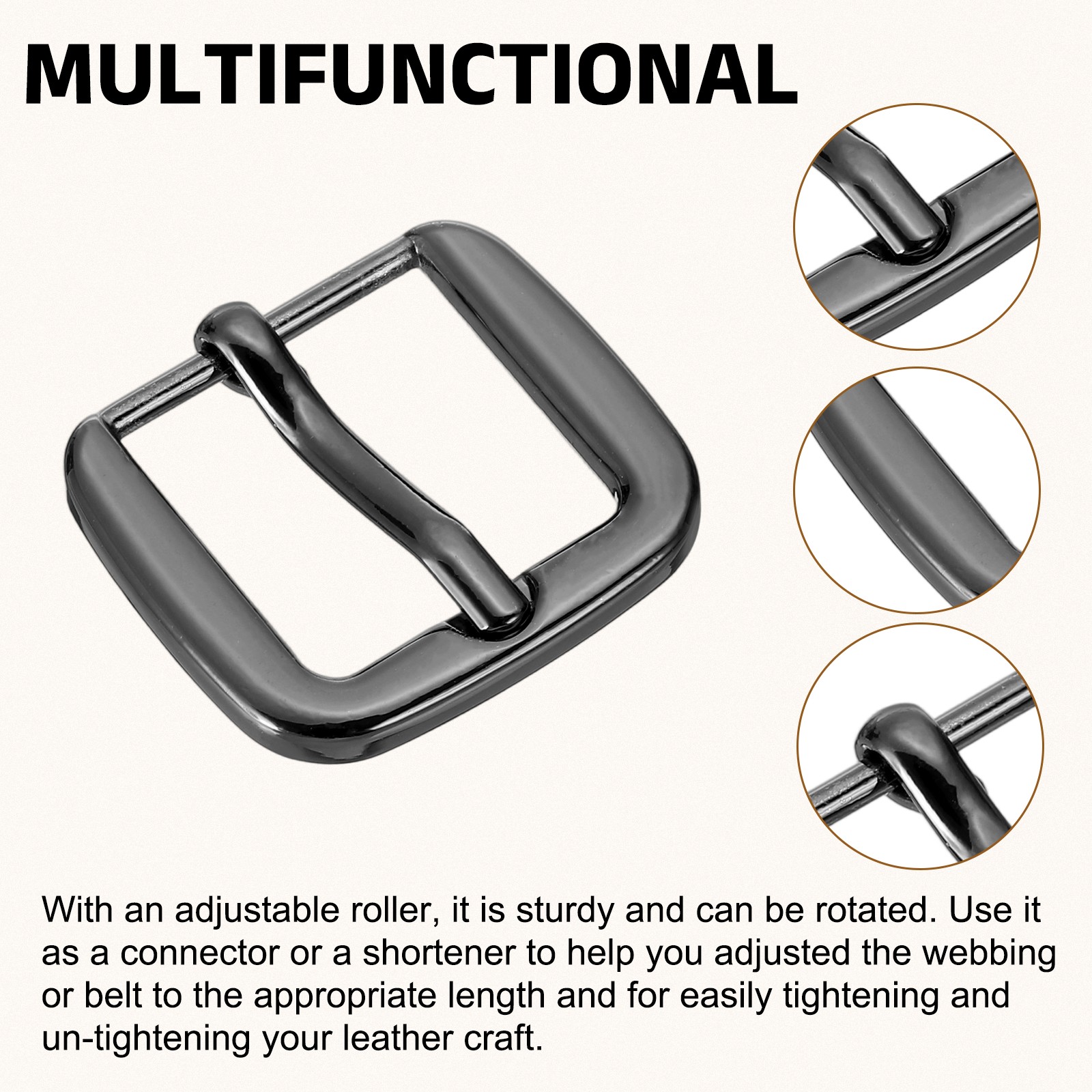 Metal Roller Buckle, 4Pcs 0.75&Prime; Square Single Prong Belt Buckle, Metallic Black