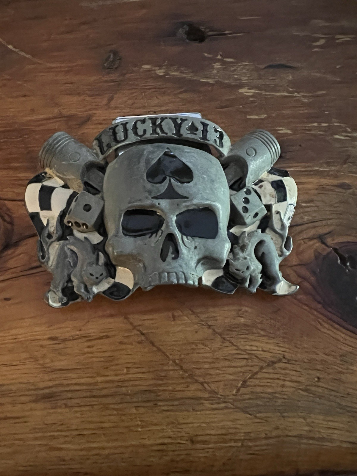 Lucky 13 Apparel Skull Zippo Lighter Holder Belt Buckle 2003 W/ A Lighter BOLD