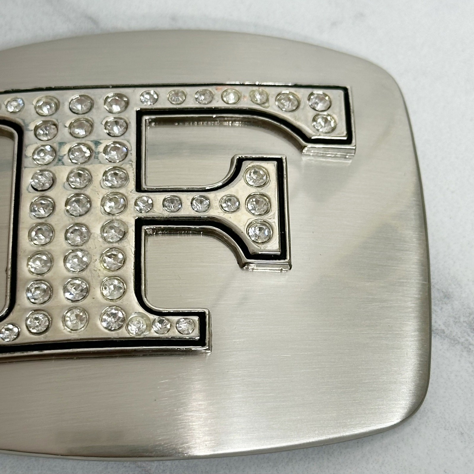 Rhinestone Studded F Letter Initial Monogram Silver Tone Belt Buckle