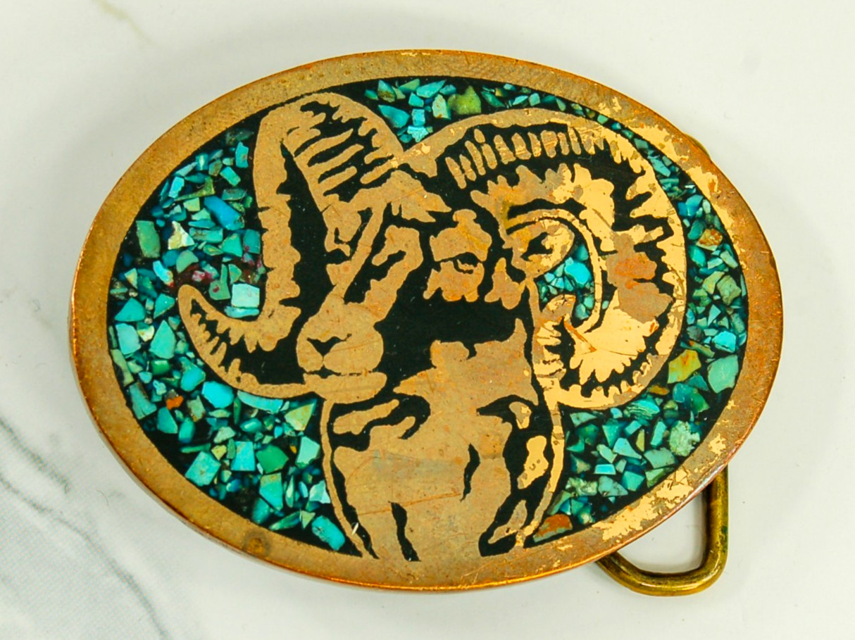 Bighorn Ram brass western belt buckle turquoise inlay vintage Harmony Metal