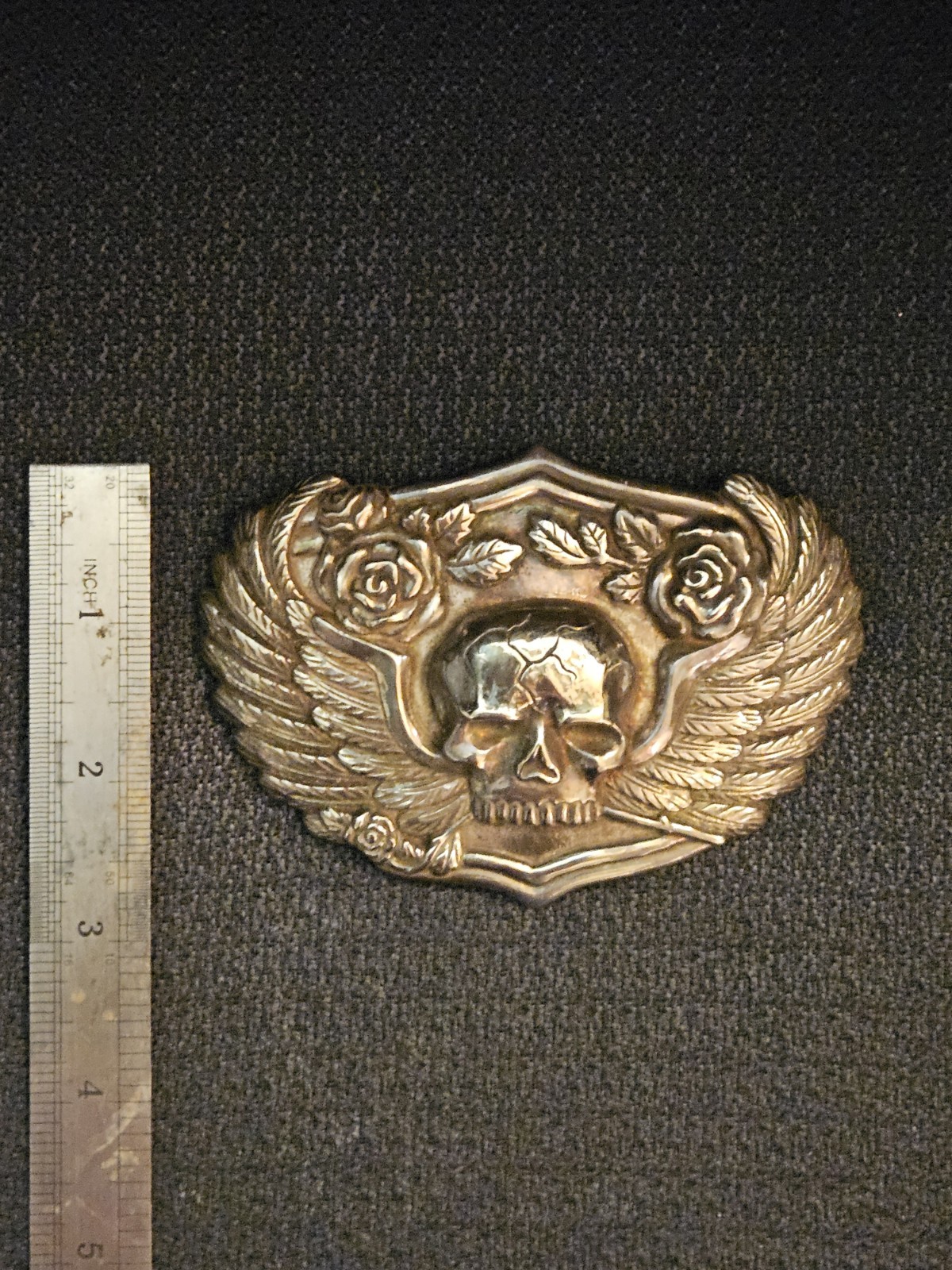 Vintage Silver Skull Belt Buckle With Wings And Roses Biker Gothic