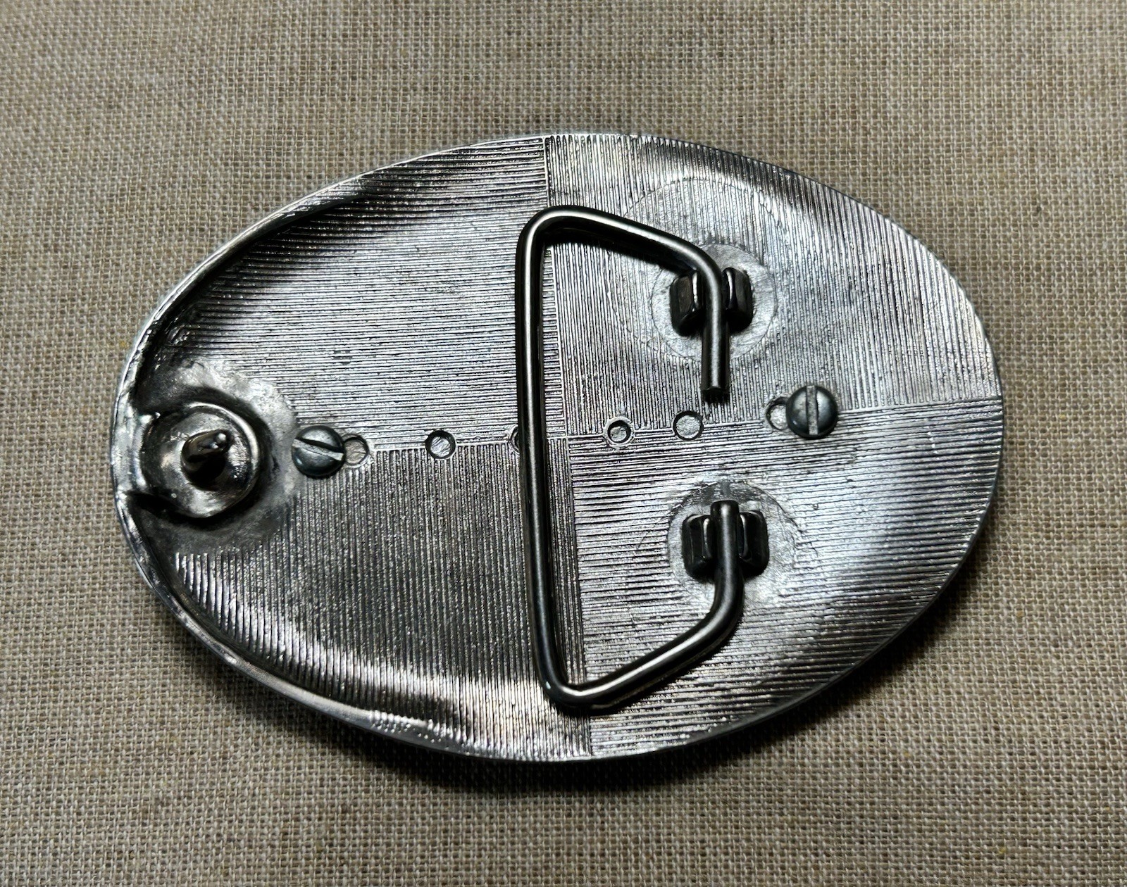 Vintage Style Western Silver Tone Belt Buckle Red Cabochon Stone Engraved Oval